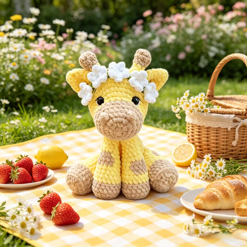 1pc Cute Flower Crown Giraffe Crochet Kit for Beginners, Complete DIY Amigurumi Giraffe Plush Doll Craft Set with All Materials, Yarn, Tools & Tutorial, Handmade Knitted Giraffe with Floral Headband, Perfect Gift for Kids, Safari Lovers, Home Decor