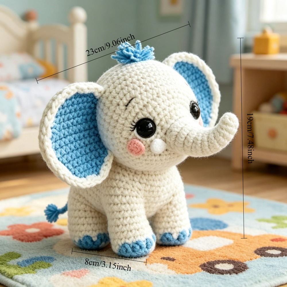 1pc Cute Elephant Crochet Kit for Beginners, Complete Amigurumi Set with Yarn, Tools And Tutorial, Handmade Knitted White And Blue Elephant Plush, Perfect Gift for Kids And Adults, Easy to Start Crochet Project for Craft Lovers-Hookcrafted