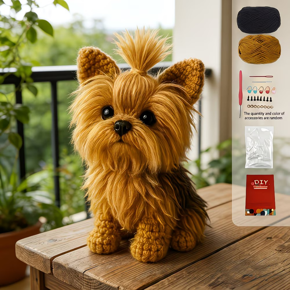 1pc Golden Yorkie Crochet Kit  Beginner'S Amigurumi With Yarn, Hook & Video Instructions Included, All Seasons, Fabric, Mixed Color - An Unmissable Adult Crochet Project With Step-By-Step Video Tutorials And Basic English Instruction Manual