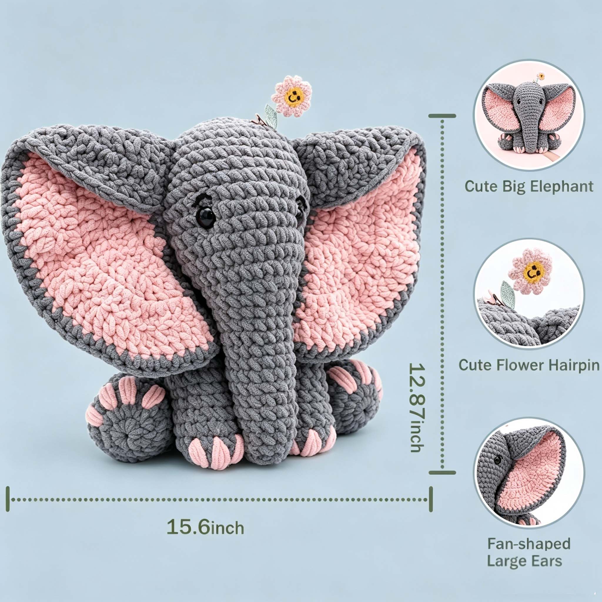 CODGP Beginner Crochet Kit – 33cm Elephant Amigurumi Set | Complete DIY Crochet Starter Kit with Yarn, Hooks & Step-by-Step Video Tutorial | Perfect Gift for Adults & Kids