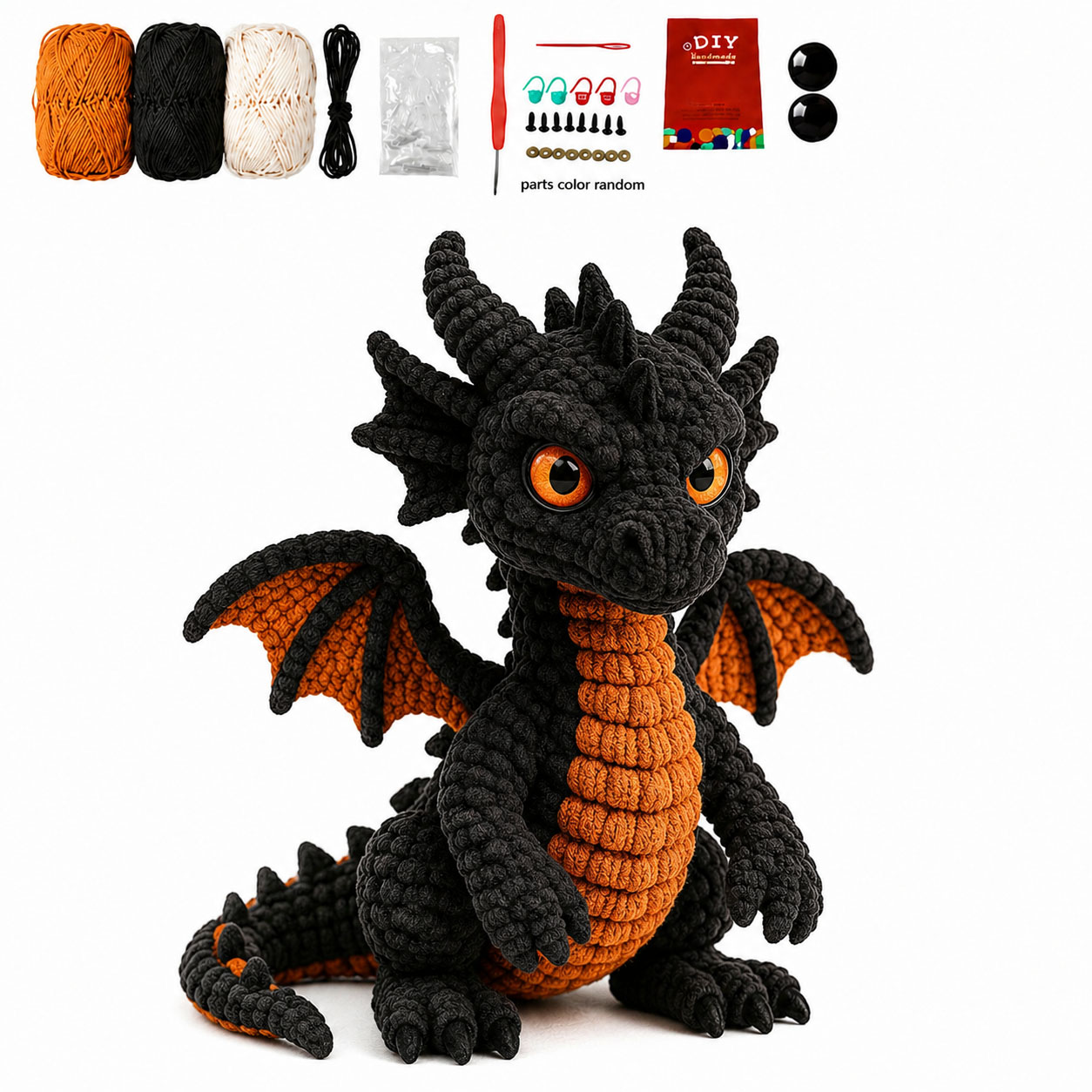 Black Dragon Crochet Plush Kit for Beginners | DIY Amigurumi Stuffed Animal Set with Yarn, Hook & Step-by-Step Tutorial | Cool Handmade Gift for Fantasy Lovers