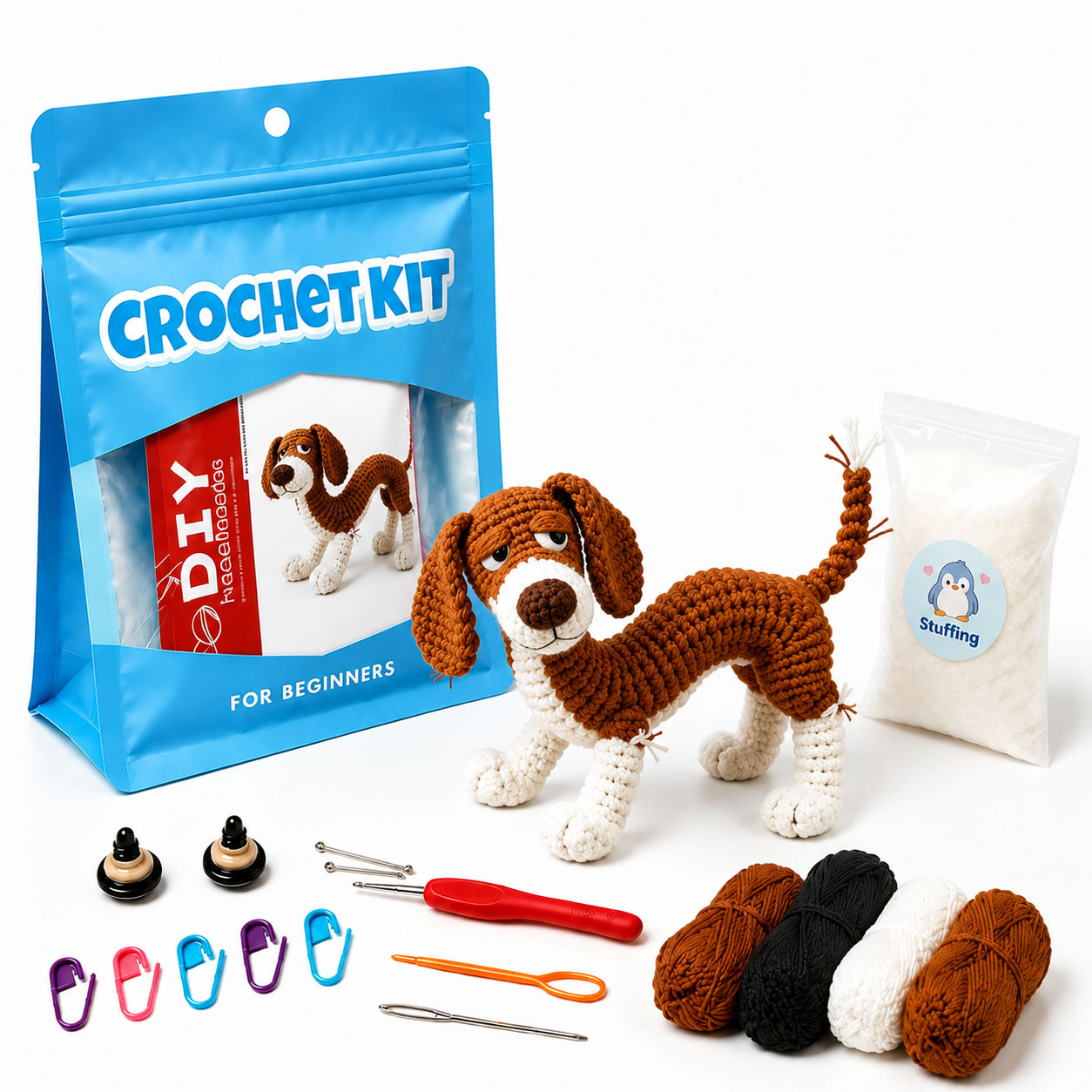 Crochet Kit for Beginners, DIY Cute Dog Amigurumi Crochet Kit with Step-by-Step Instructions, Complete Starter Kit with Yarn, Hooks & Accessories for Adults Kids, Handmade Craft Gift