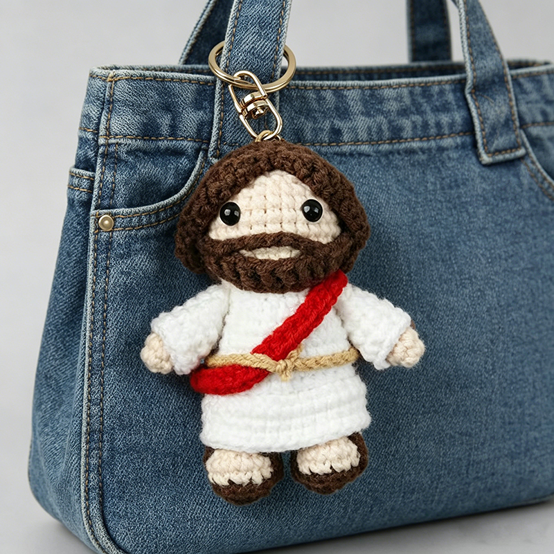 Handmade Crochet Jesus Keychain, Religious Christian Gift, Cute Knitted Doll Pendant for Key Bag Backpack Decor