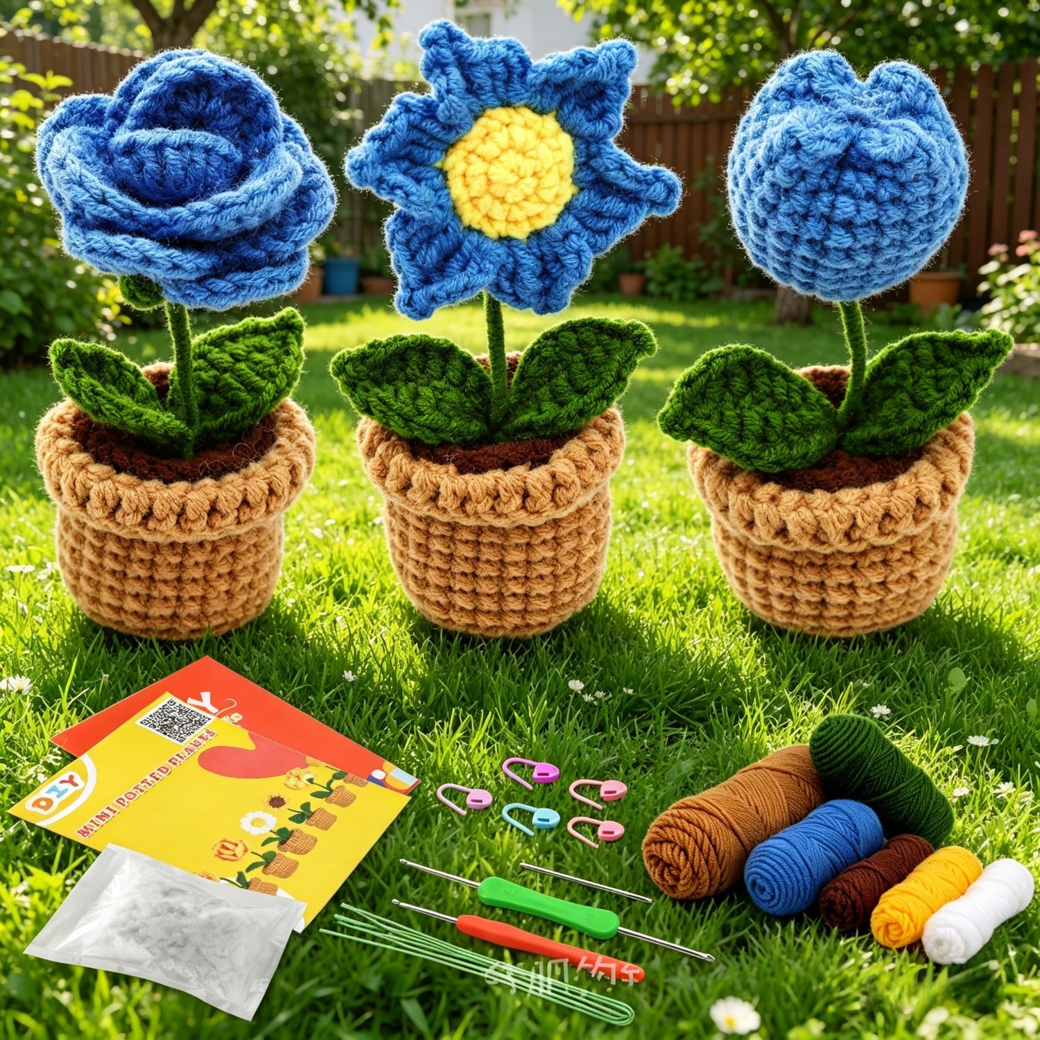 3Pcs Little Blue Flowers Beginner Crochet Kit| DIY Amigurumi Potted Plant Set with Yarn, Hook & Step-by-Step Tutorial | Cute Handmade Gift for Plant Lovers