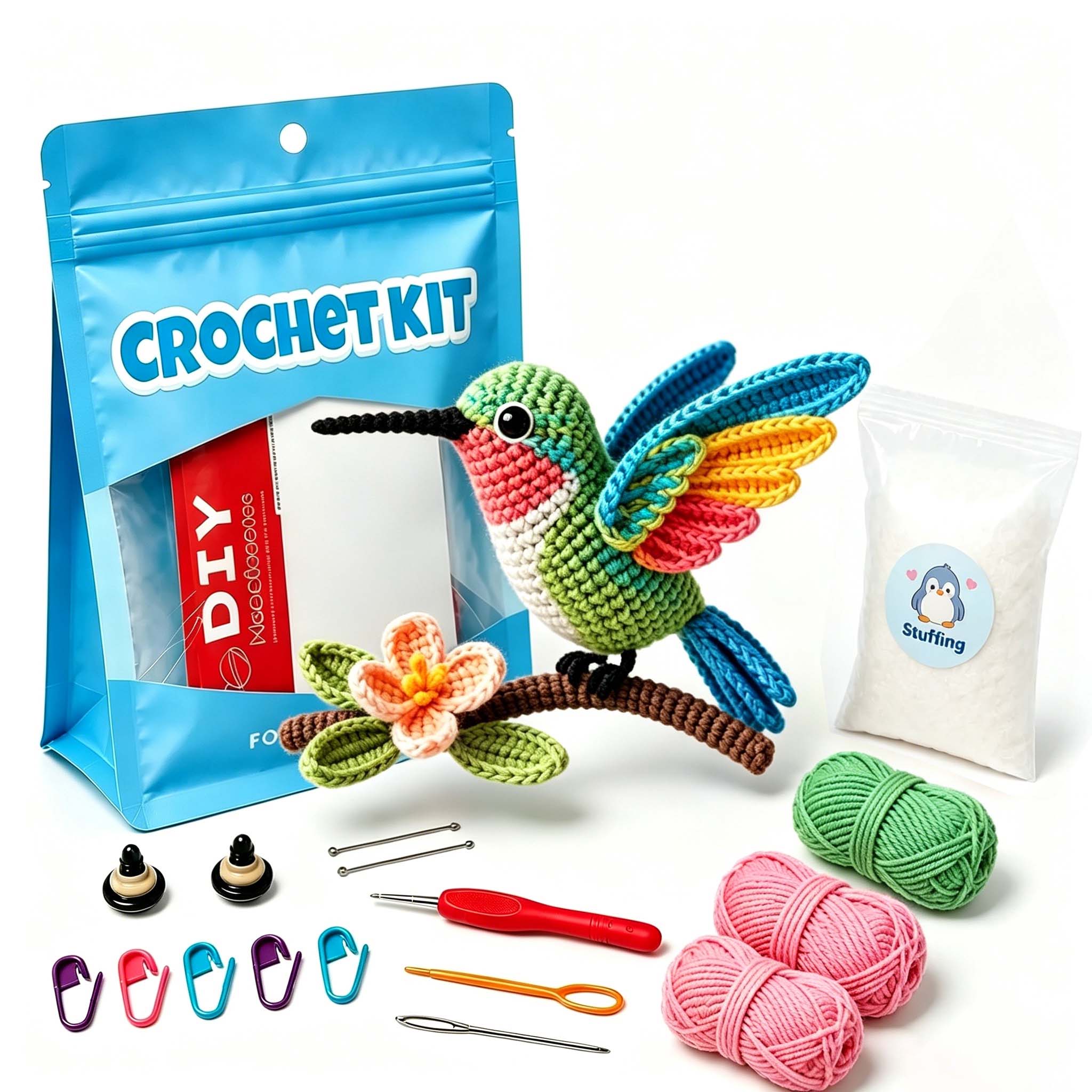 Crochet Kit for Beginners, DIY Hummingbird Amigurumi Crochet Kit with Step-by-Step Instructions, Complete Starter Kit with Yarn, Hooks & Accessories for Adults Kids, Handmade Craft Gift