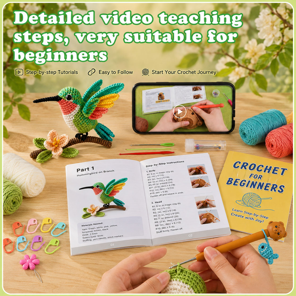 Crochet Kit for Beginners, DIY Hummingbird Amigurumi Crochet Kit with Step-by-Step Instructions, Complete Starter Kit with Yarn, Hooks & Accessories for Adults Kids, Handmade Craft Gift