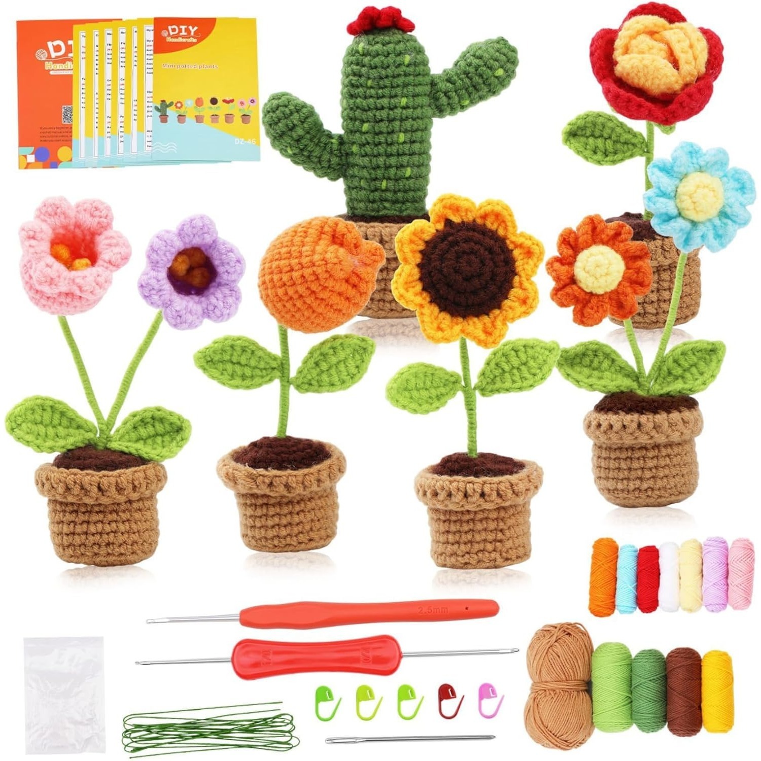 6Pcs Flower & Cactus Beginner Crochet Kit | DIY Amigurumi Potted Cactus & Flower Set with Yarn, Hook & Step-by-Step Tutorial | Cute Handmade Gift for Plant Lovers