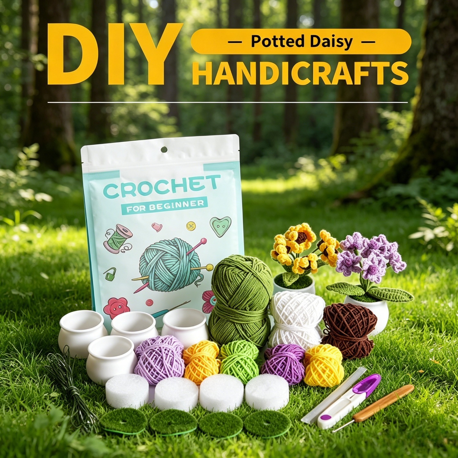 Flower Crochet Kit for Beginners | DIY Daisy Amigurumi Set with Yarn, Hook & Step-by-Step Video Tutorial | 4PCS Cute Flower Series Hookcrafted