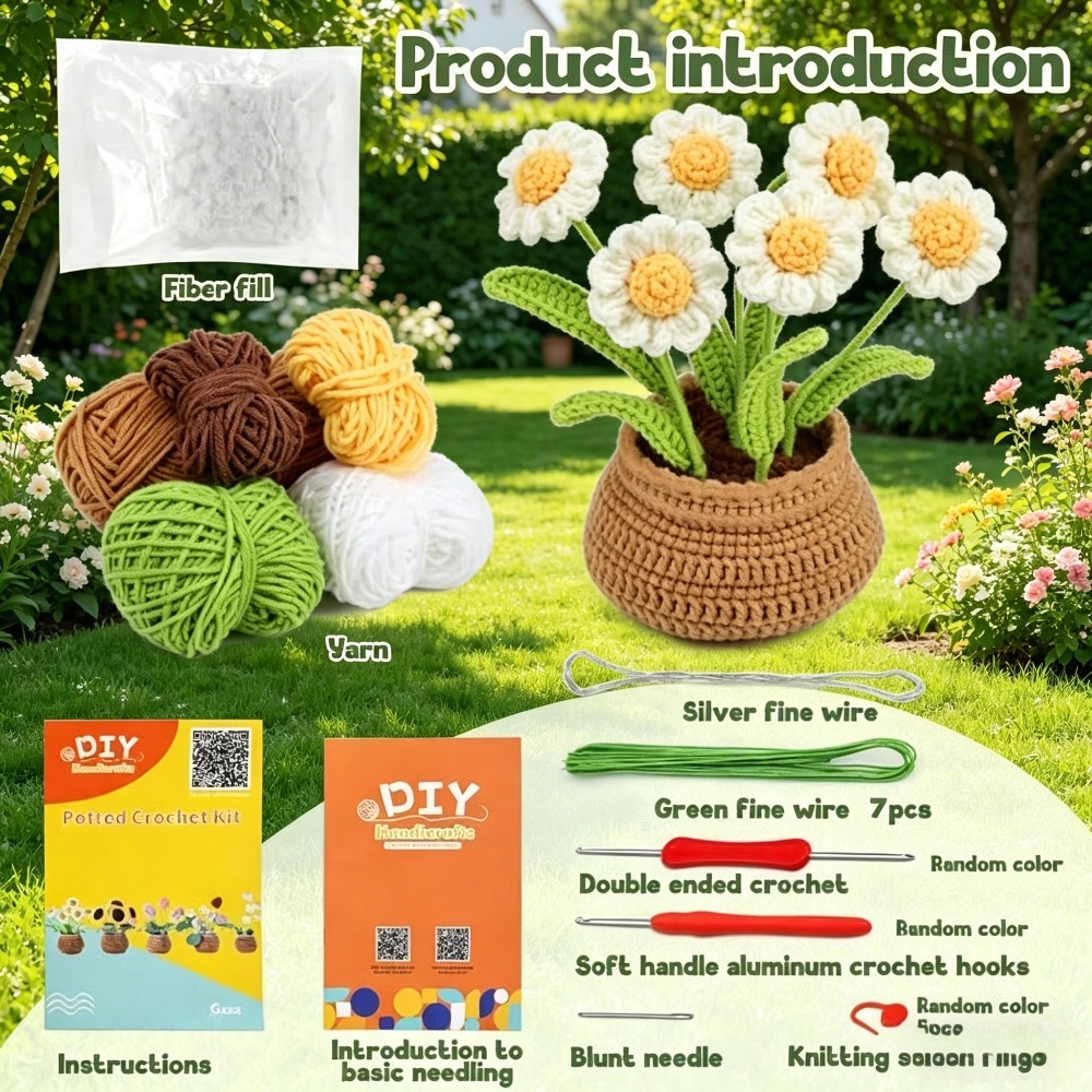 Daisy Flower Pot Crochet Kit for Beginners | DIY Amigurumi Potted Daisy Bouquet Set with Yarn, Hook & Step-by-Step Tutorial | Cute Handmade Gift for Plant Lovers