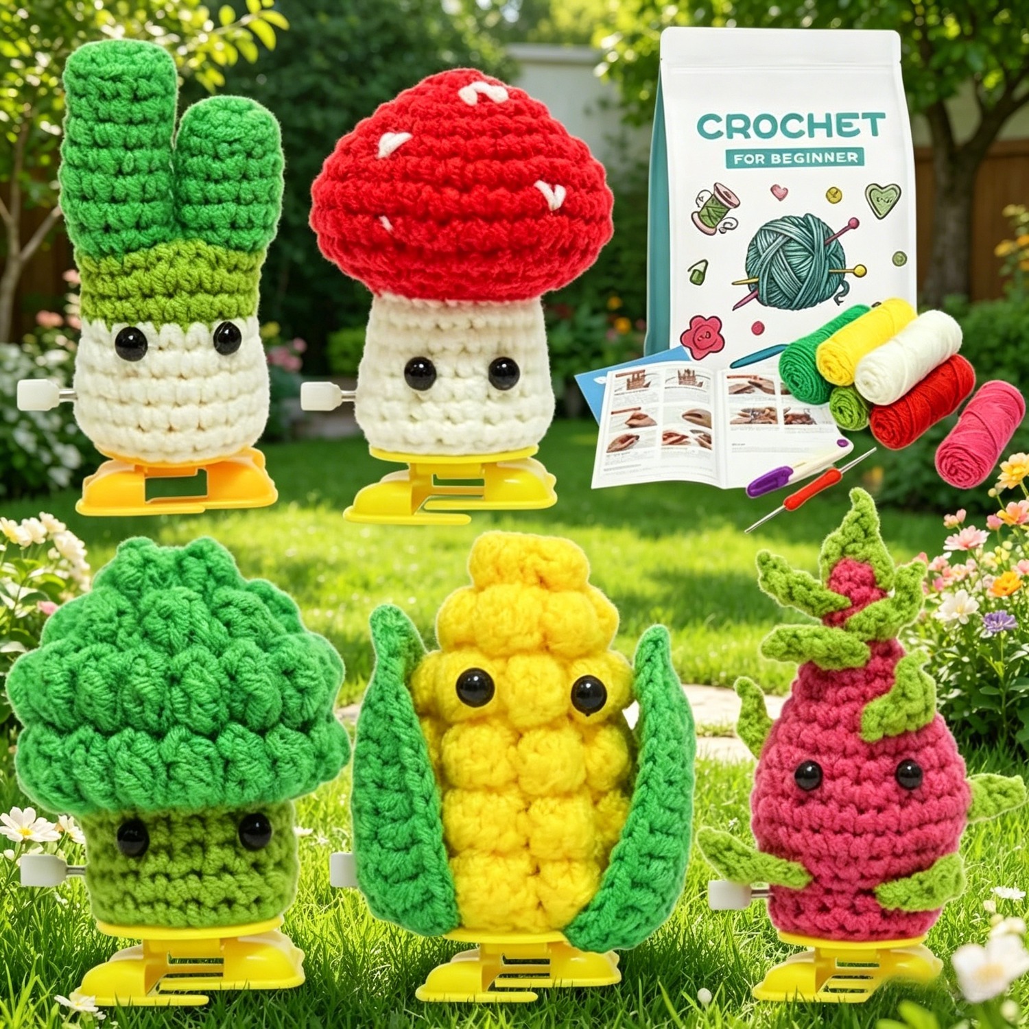 5Pcs Walking Base Succulent Plants Beginner Crochet Kit | DIY Amigurumi Wind-Up Toy Set with Yarn, Hook & Step-by-Step Tutorial | Cute Handmade Gift for Kids & Craft Lovers