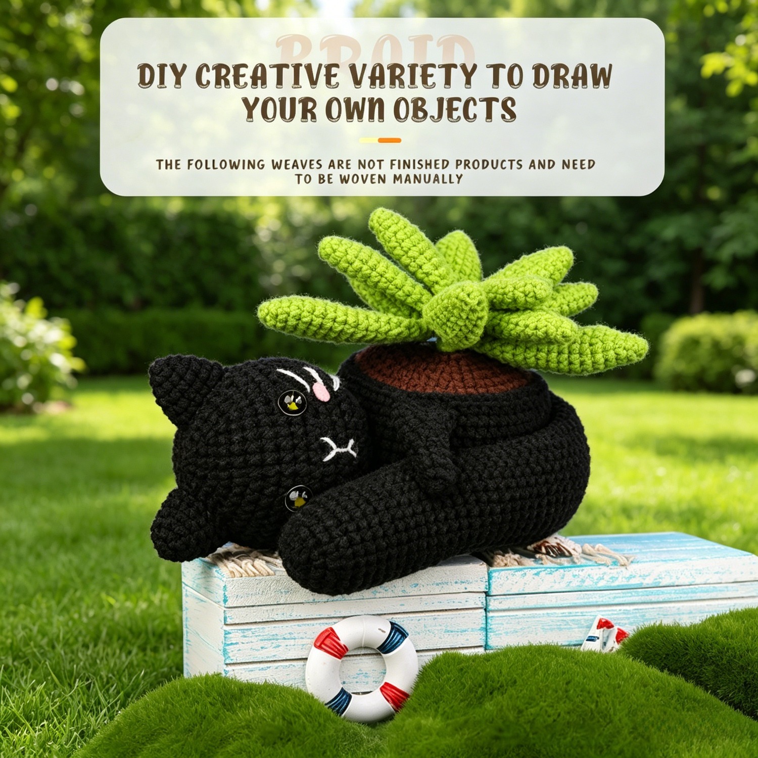 Black Cat Planter Crochet Kit for Beginners | DIY Amigurumi Cat-Shaped Succulent Pot Set with Yarn, Hook & Step-by-Step Tutorial | Cute Handmade Gift for Plant & Cat Lovers