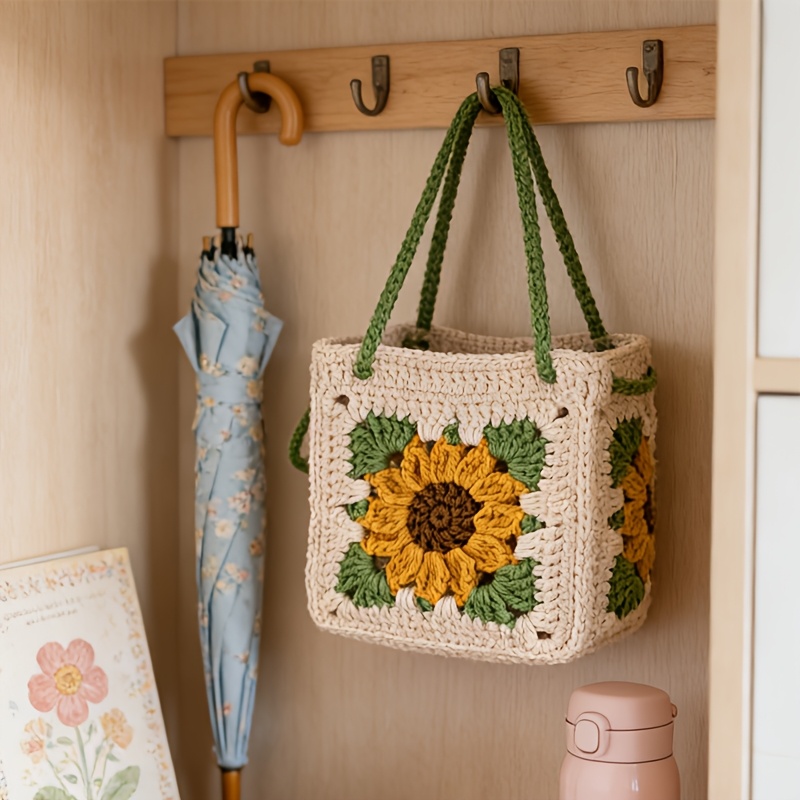 Complete DIY Crochet Sunflower Handbag Craft Kit Suitable for Women's Handmade Making with Yarn, Hook & Buttons - - Crochet Book/Video Tutorial Guide, English Instructions for Adult Beginners, Birthday Gift (No Finished Product)