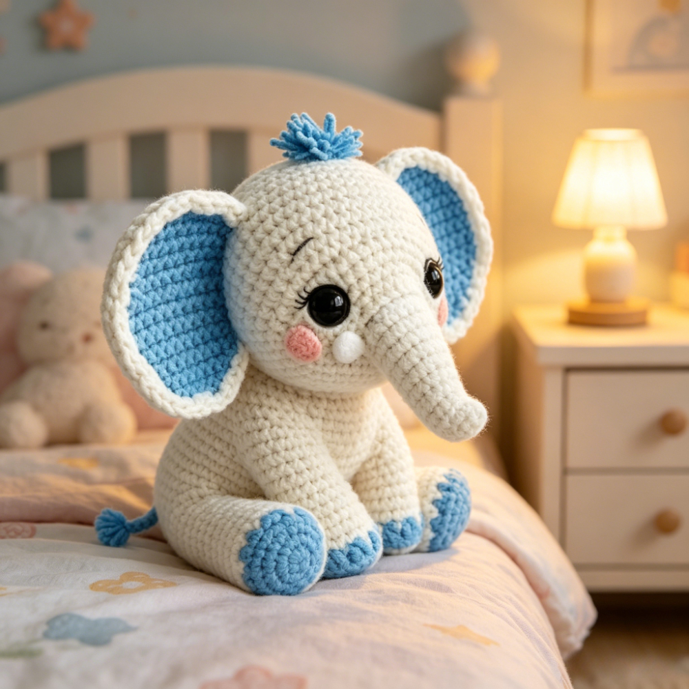 1pc Cute Elephant Crochet Kit for Beginners, Complete Amigurumi Set with Yarn, Tools And Tutorial, Handmade Knitted White And Blue Elephant Plush, Perfect Gift for Kids And Adults, Easy to Start Crochet Project for Craft Lovers-Hookcrafted