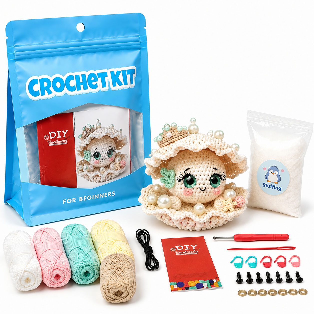Shell Pearl Crochet Kit | Complete DIY Amigurumi Sea Shell Stuffed Animal Set with Yarn, Hook & Step-by-Step Guide | Perfect Gift for Crocheters