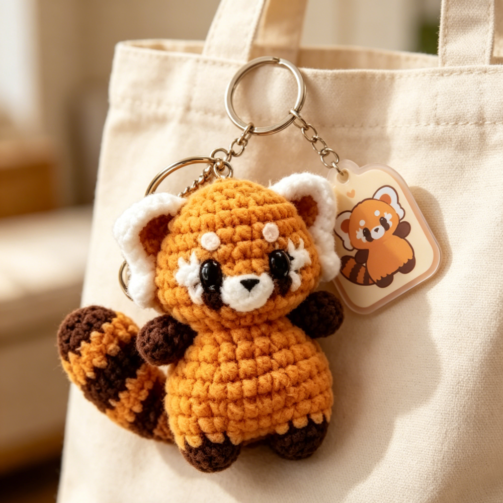 Beginner Friendly 3PCS Forest Animals Crochet Kit, Mini Red Panda, Raccoon & Fox Keychain Amigurumi Crochet Starter Kit with All Yarn, Hook, Needle & Accessories, Complete DIY Craft Set with Tutorial for Adults & Kids, Perfect Bag Charm & Handmade Gift