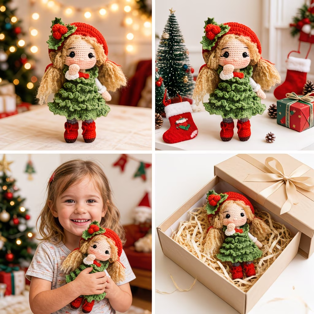 Christmas Girl Crochet Plush Kit for Beginners | DIY Amigurumi Holiday Doll Set with Yarn, Hook & Step-by-Step Tutorial | Cute Handmade Gift for Festive Lovers