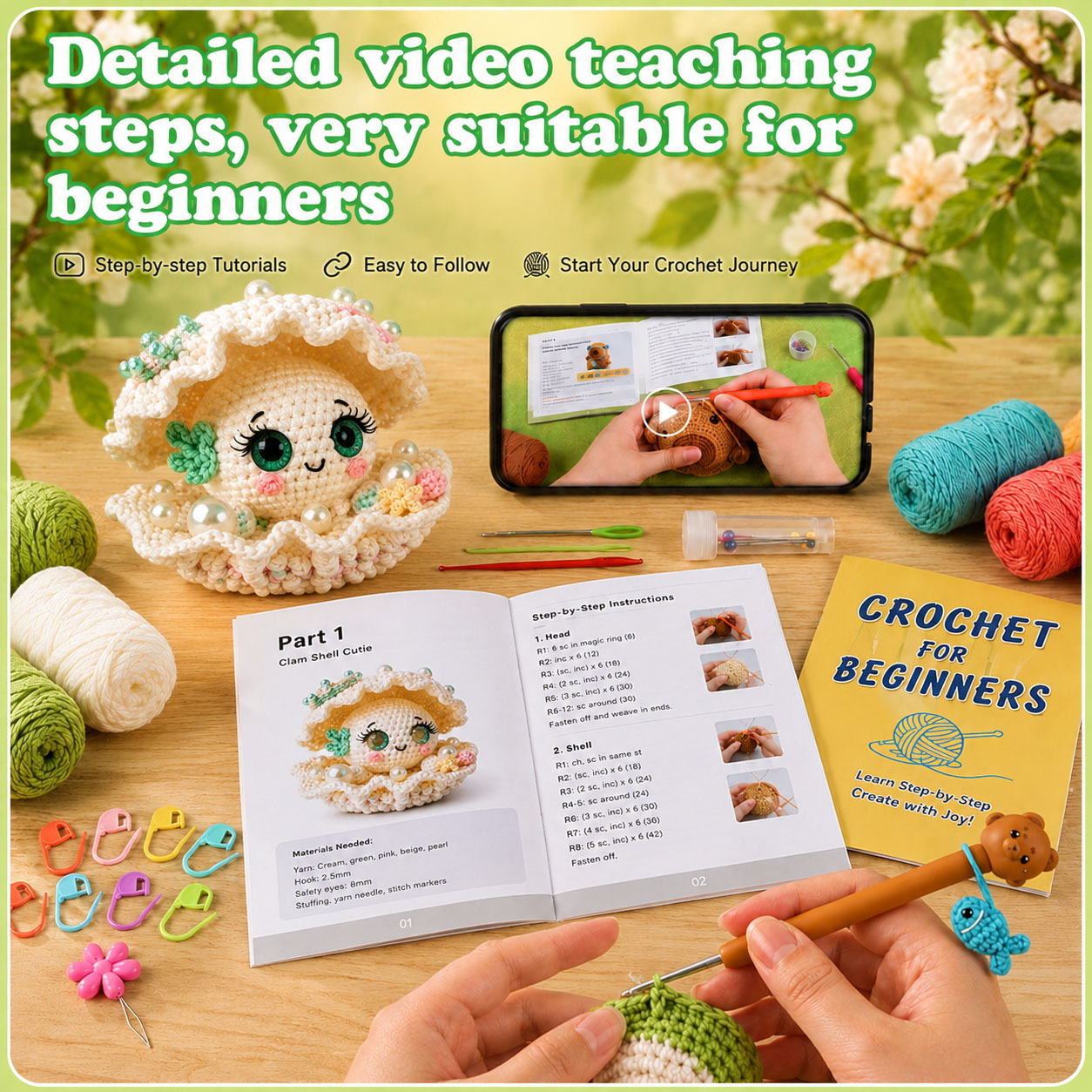 Shell Pearl Crochet Kit | Complete DIY Amigurumi Sea Shell Stuffed Animal Set with Yarn, Hook & Step-by-Step Guide | Perfect Gift for Crocheters