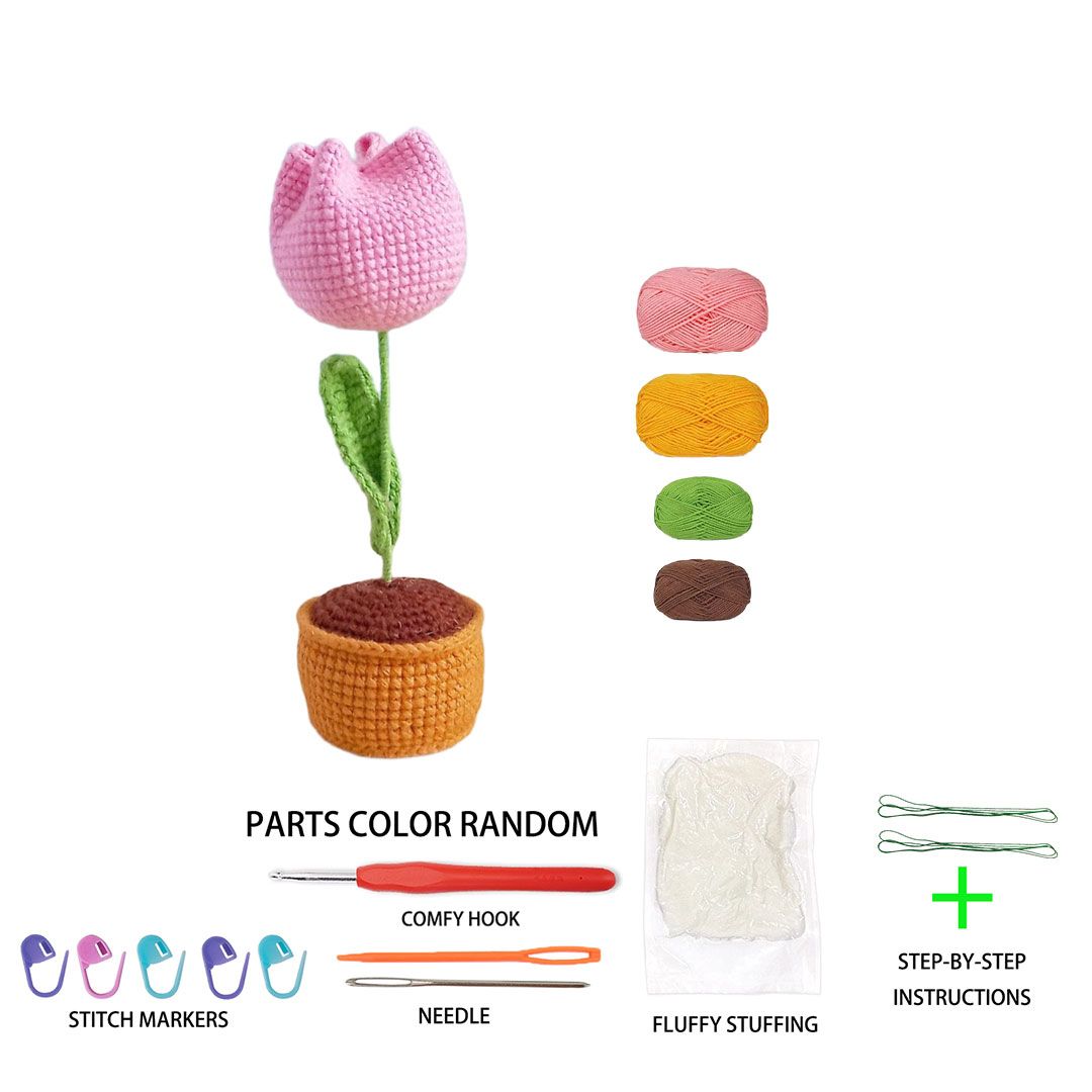 Beginner Friendly Tulip Crochet Kit, Potted Pink Tulip Amigurumi Crochet Starter Kit with Yarn, Hook, Needle & Accessories, Complete DIY Craft Set with Tutorial for Adults & Kids, Perfect Home Decor & Handmade Gift