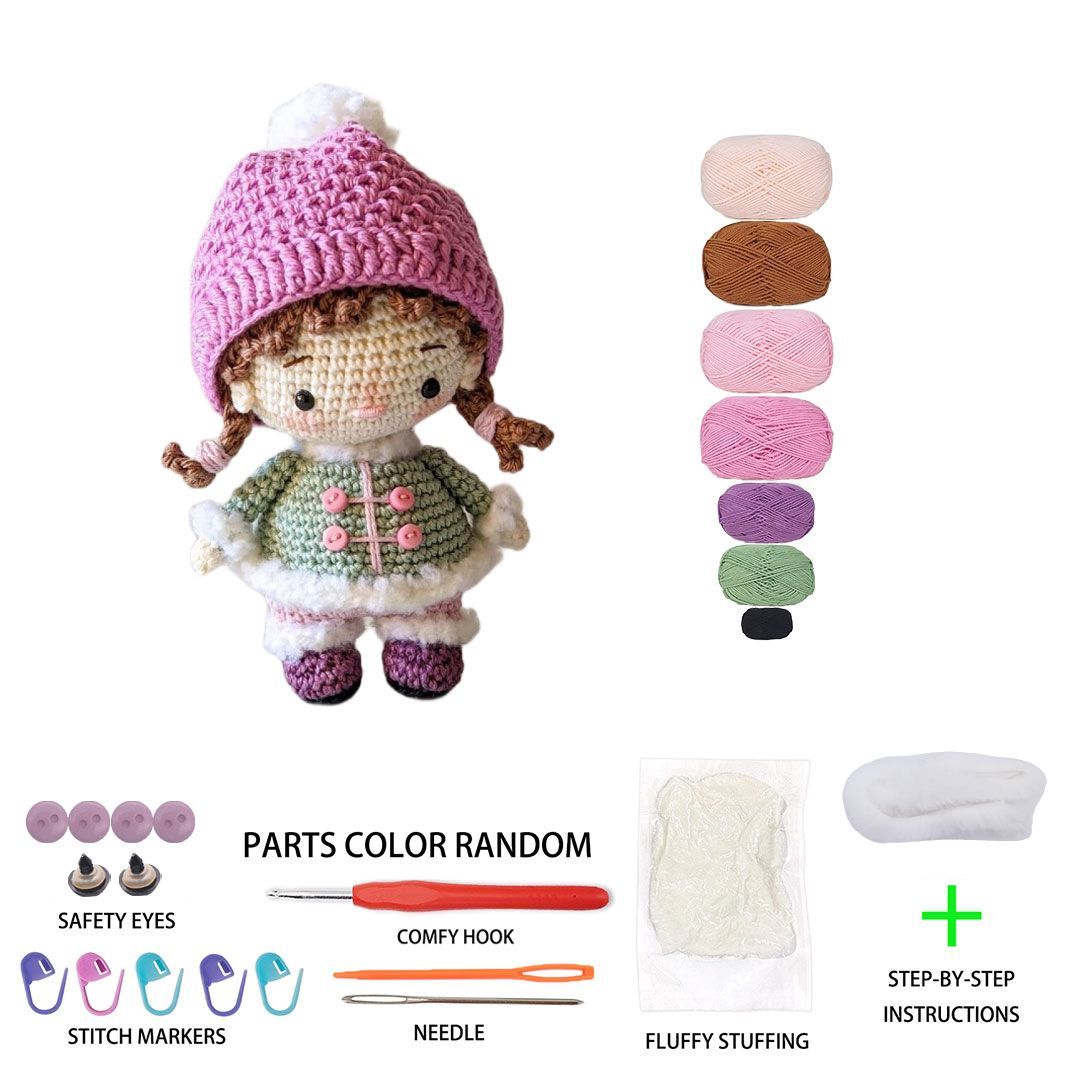 Winter Girl Crochet Plush Kit for Beginners | DIY Amigurumi Stuffed Doll Set with Yarn, Hook & Step-by-Step Tutorial | Cute Handmade Gift for Craft Lovers