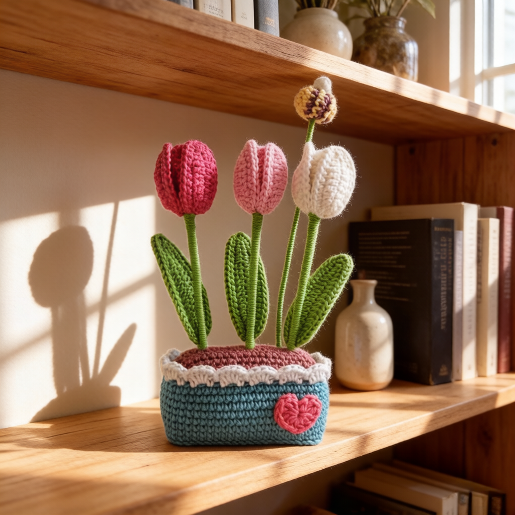 Beginner Friendly Crochet Kit, Potted Tulip Flowers Amigurumi Crochet Starter Kit with Yarn, Hook, Needle & Accessories, Complete DIY Craft Set with Tutorial for Adults & Kids, Perfect Home Decor & Handmade Gift