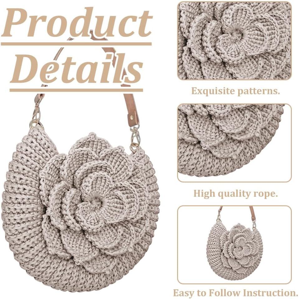 [Color of Additions Is Random]1 Set of Crochet Bag Kit for Beginners, Including a Crochet Tote Bag Kit And a Starter Kit with Step-By-Step Video Tutorials for Making a Flower Crochet Knitted Bag, Suitable for Adult Craft Projects