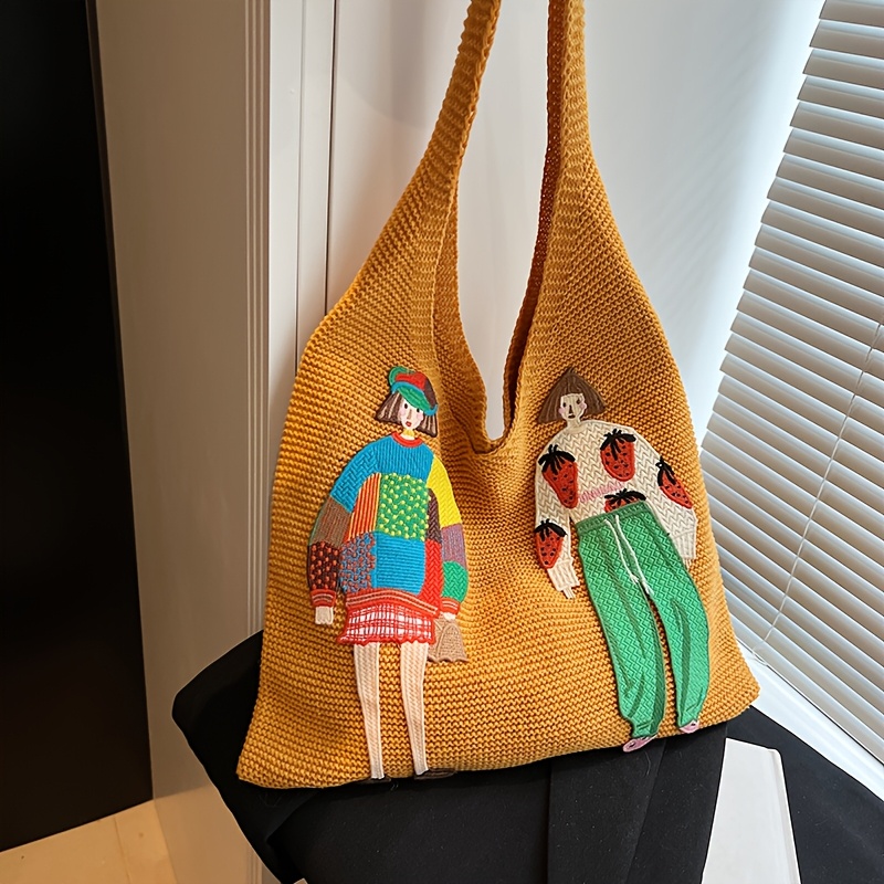Women'S Spacious Woven Vest Bag, Lightweight Casual Shoulder Tote, Knitted Handbag with Cartoon Motif, Ideal for Shopping
