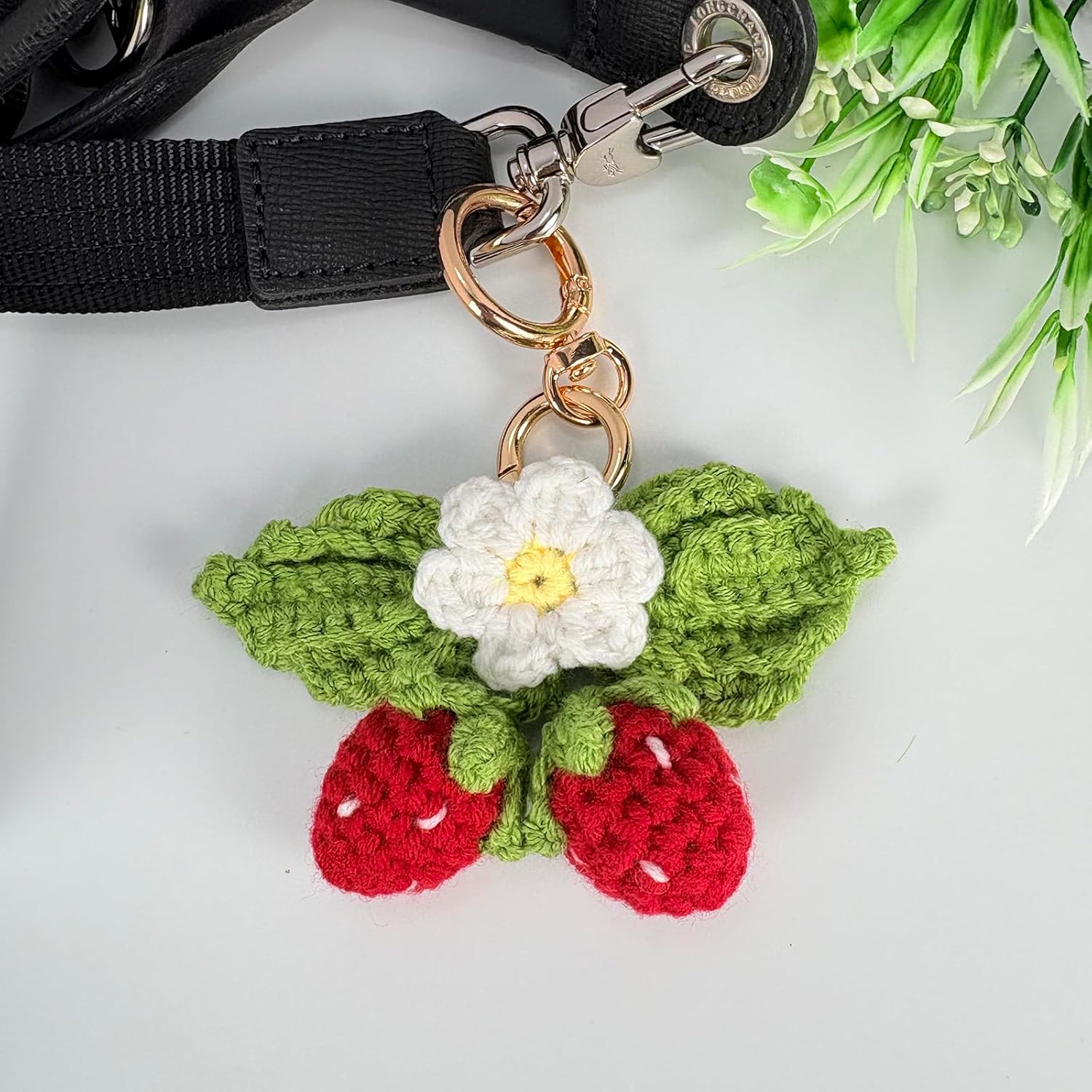Cute Strawberry Keychain,Kawaii Positive Crochet Bag Charms for Handbags,Flower Key Chain,Boho Daisy Kindle Accessories-Hookcrafted