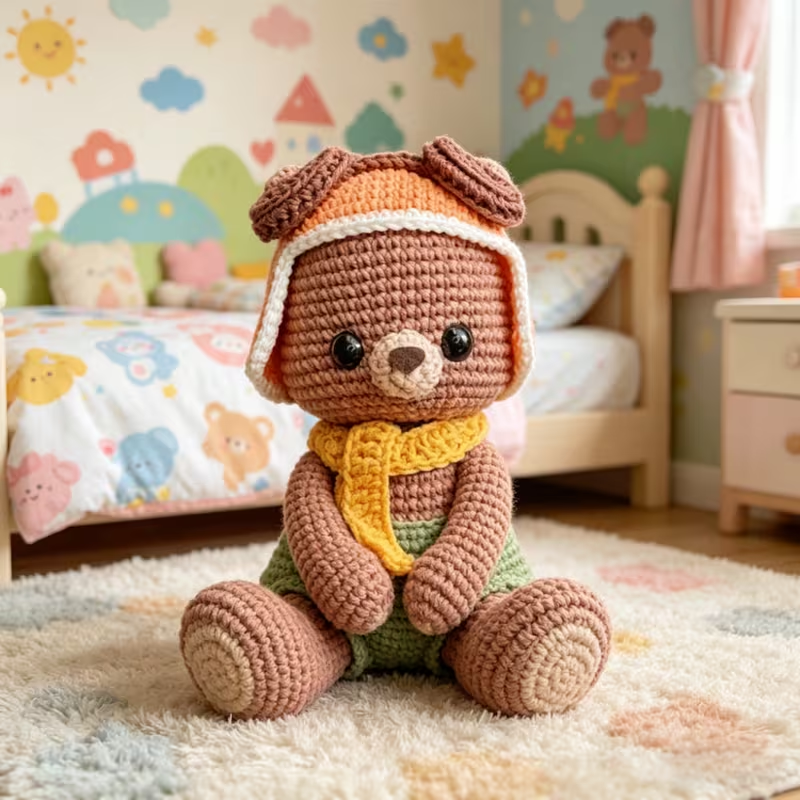 1pc Cute Bear with Hat & Scarf Crochet Kit for Beginners, Complete DIY Amigurumi Teddy Bear Plush Doll Craft Set with All Materials, Yarn, Tools & Step-by-Step Instructions, Handmade Knitted Bear in Green Skirt, Perfect Gift for Kids, Home Decor