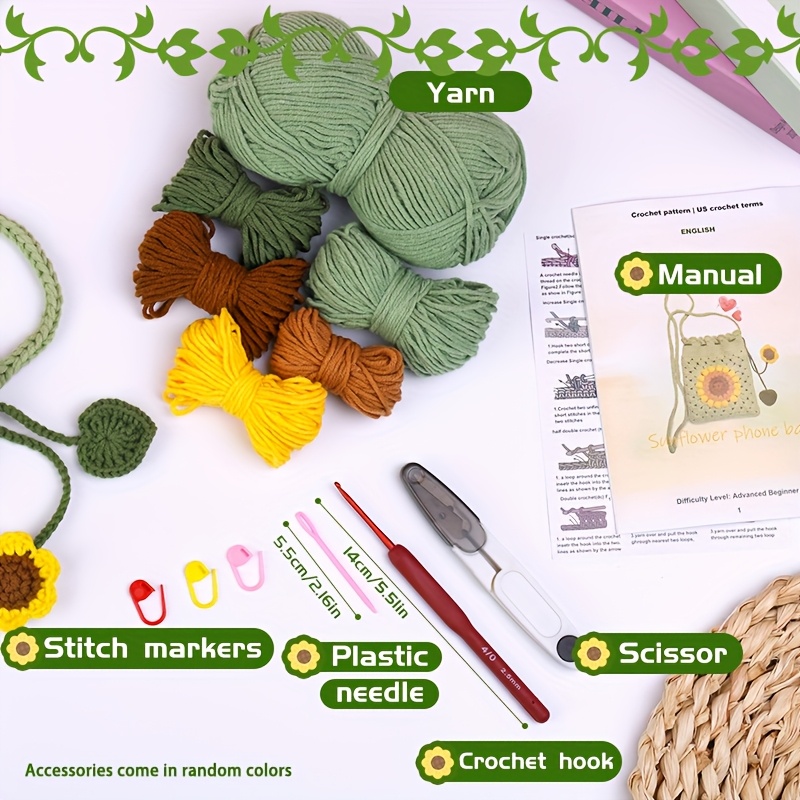 Crochet Kit for Beginners - Phone Bag Crochet Starter Kit with Video Tutorials And Yarns, Hook, Additions for Adult Knitting Craft (Random Colors)