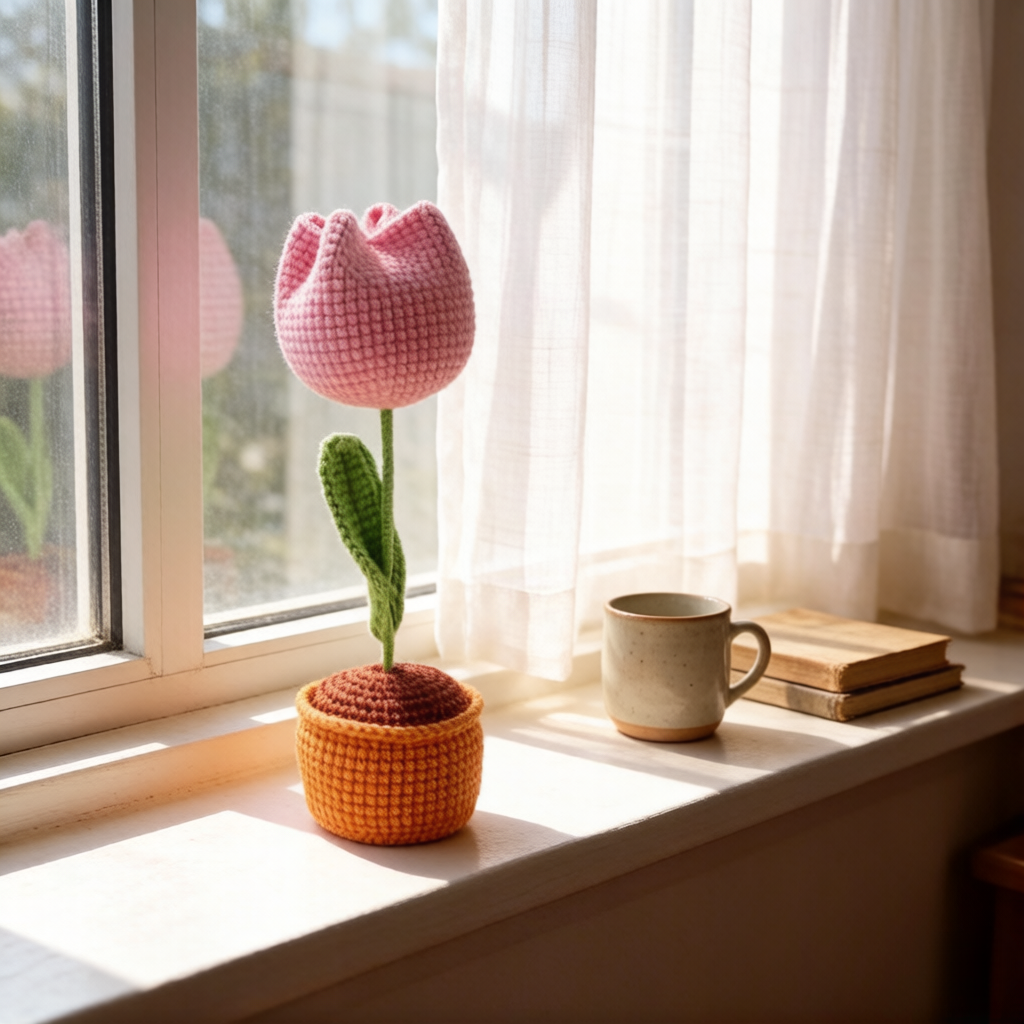 Beginner Friendly Tulip Crochet Kit, Potted Pink Tulip Amigurumi Crochet Starter Kit with Yarn, Hook, Needle & Accessories, Complete DIY Craft Set with Tutorial for Adults & Kids, Perfect Home Decor & Handmade Gift
