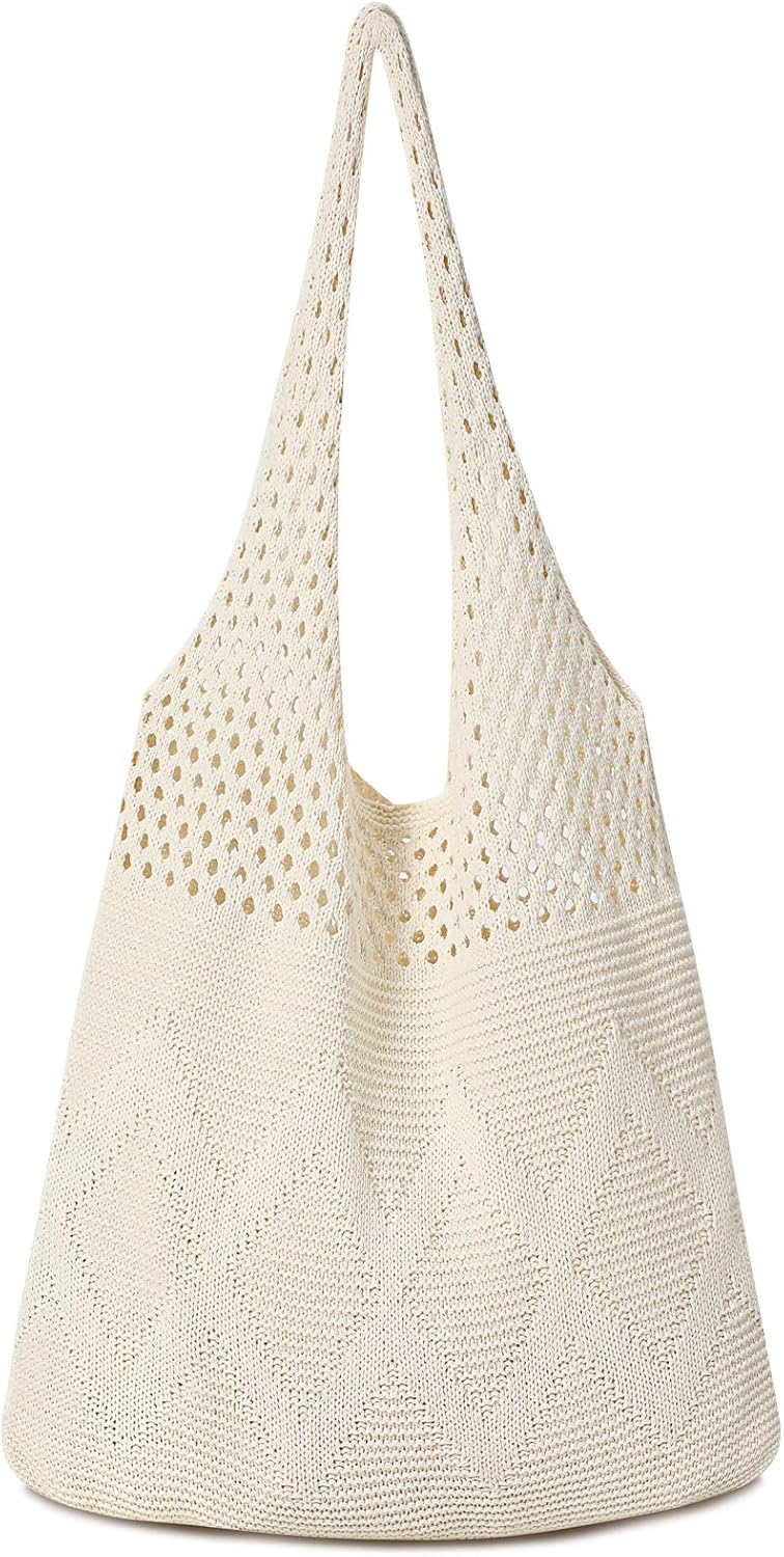 Crochet Tote Bag, Mesh Beach Bag, Knitted Shoulder Beach Bags for Women Vacation Aesthetic Hobo Tote Bags
