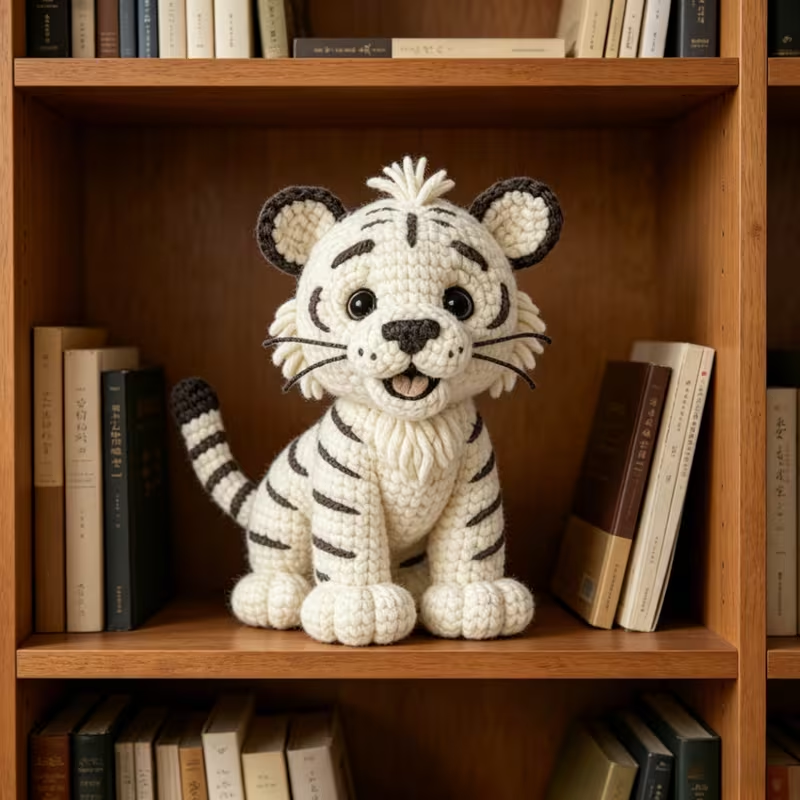 1pc Cute White Tiger Crochet Kit for Beginners, Complete Amigurumi Tiger Plush Doll Craft Set with All Materials, Yarn, Tools & Step-by-Step Instructions, Handmade Knitted White Tiger Cub, Perfect Gift for Kids, Animal Lovers, Home Decor