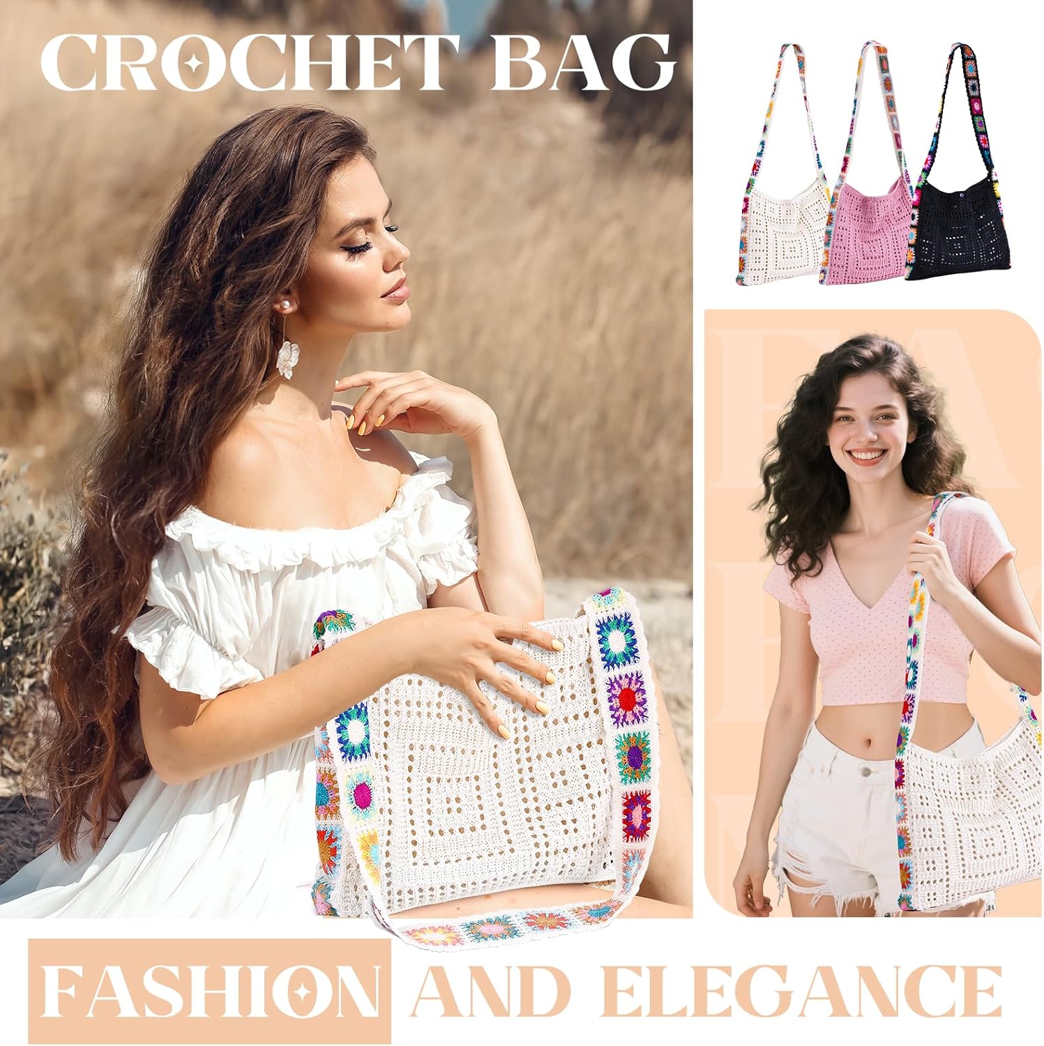 Crochet Beach Tote Bag Summer Vacation Hobo Tote Knit Bags for Women Mesh Woven Travel Crochet Purse Aesthetic Bag