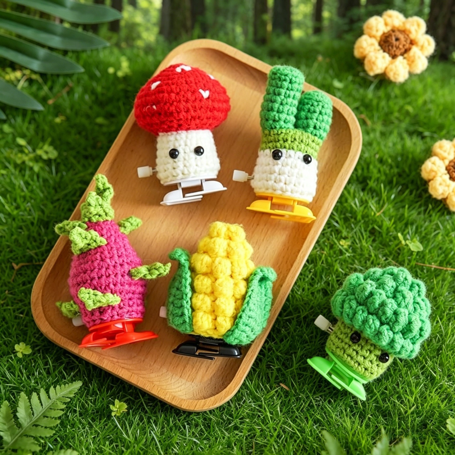5Pcs Walking Base Succulent Plants Beginner Crochet Kit | DIY Amigurumi Wind-Up Toy Set with Yarn, Hook & Step-by-Step Tutorial | Cute Handmade Gift for Kids & Craft Lovers