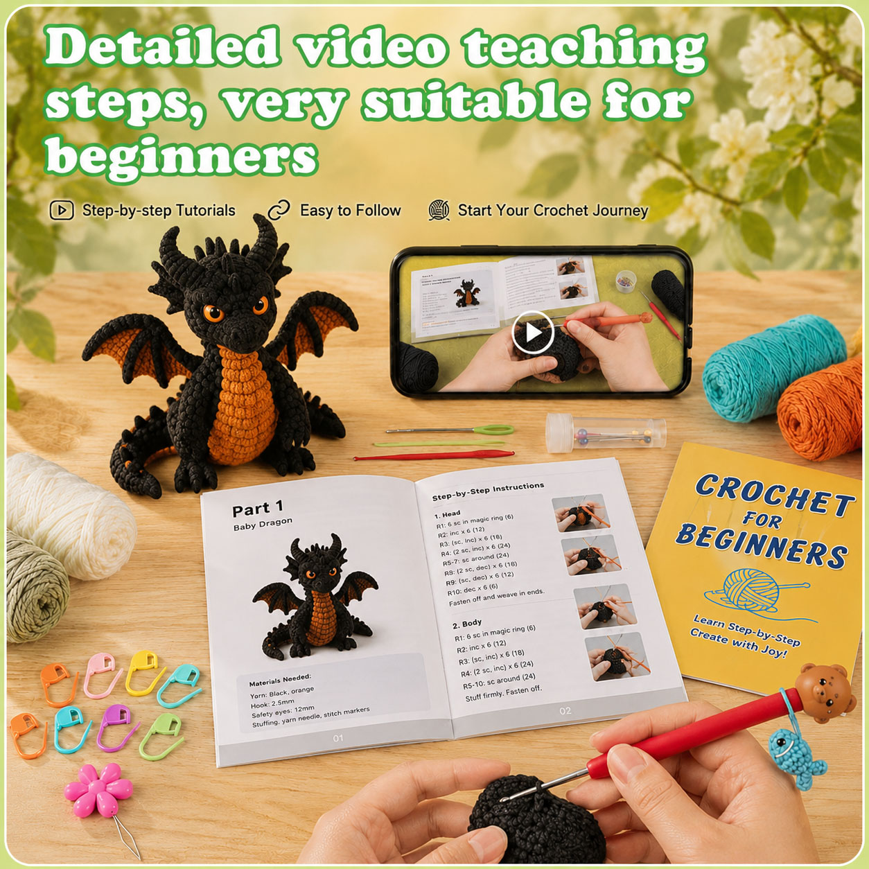 Black Dragon Crochet Plush Kit for Beginners | DIY Amigurumi Stuffed Animal Set with Yarn, Hook & Step-by-Step Tutorial | Cool Handmade Gift for Fantasy Lovers