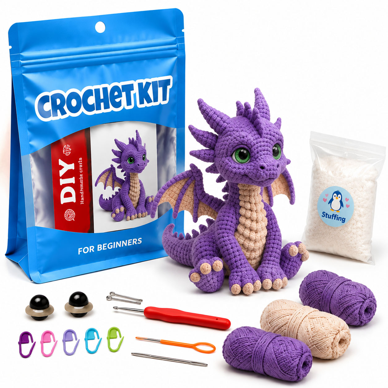 Crochet Kit for Beginners, DIY Cute Purple Dragon Amigurumi Crochet Kit with Step-by-Step Instructions, Complete Starter Kit with Yarn, Hooks & Accessories for Adults Kids, Handmade Craft Gift