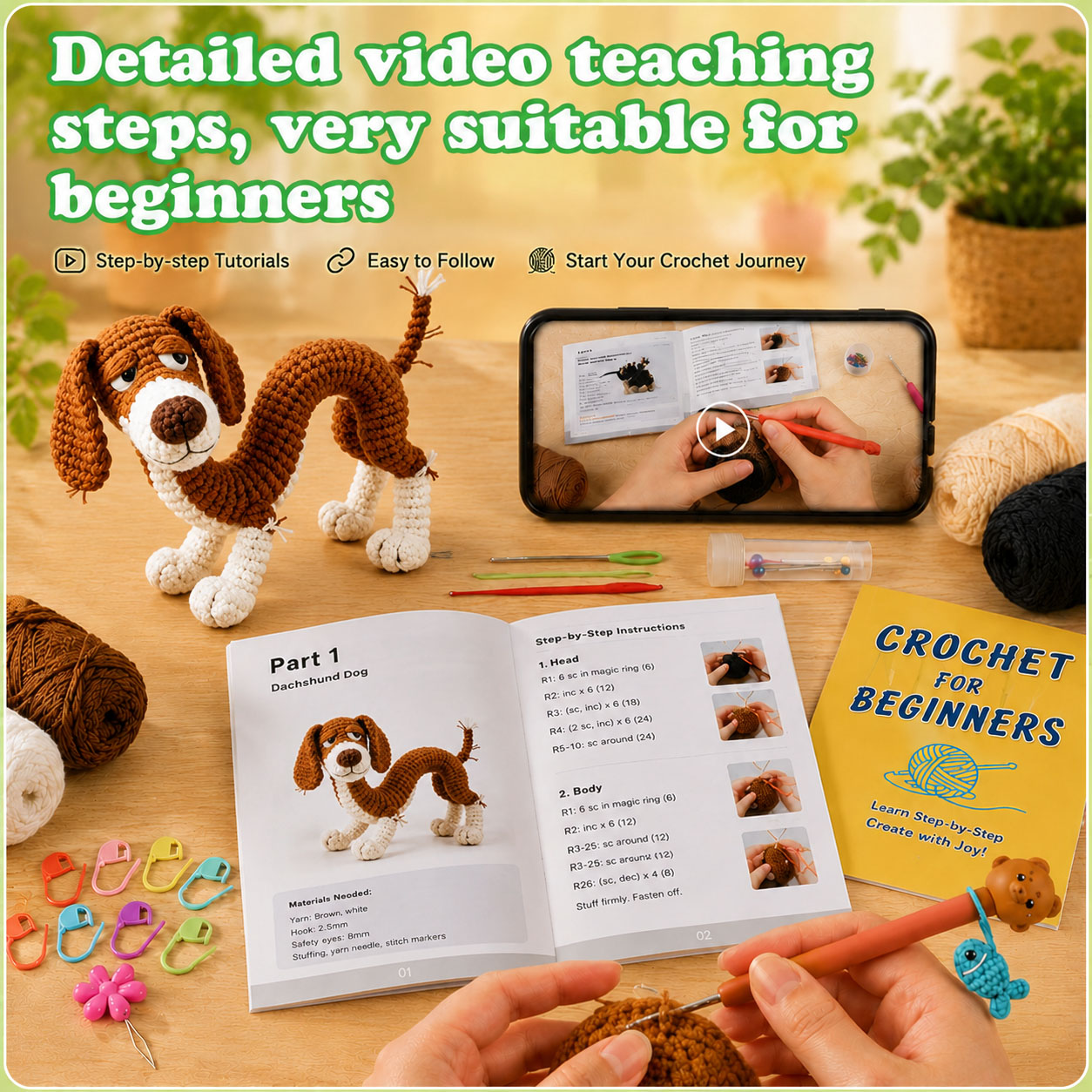 Crochet Kit for Beginners, DIY Cute Dog Amigurumi Crochet Kit with Step-by-Step Instructions, Complete Starter Kit with Yarn, Hooks & Accessories for Adults Kids, Handmade Craft Gift