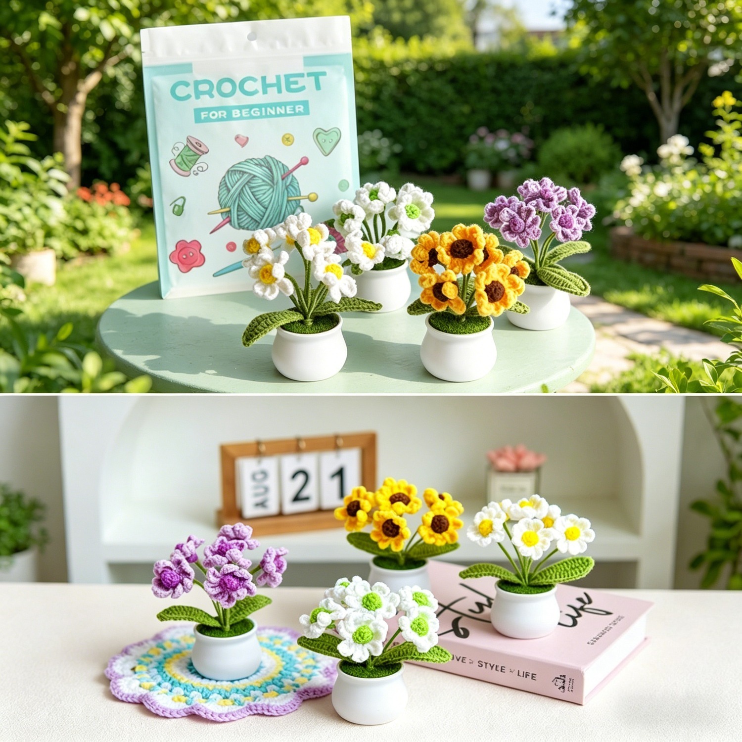 Flower Crochet Kit for Beginners | DIY Daisy Amigurumi Set with Yarn, Hook & Step-by-Step Video Tutorial | 4PCS Cute Flower Series Hookcrafted