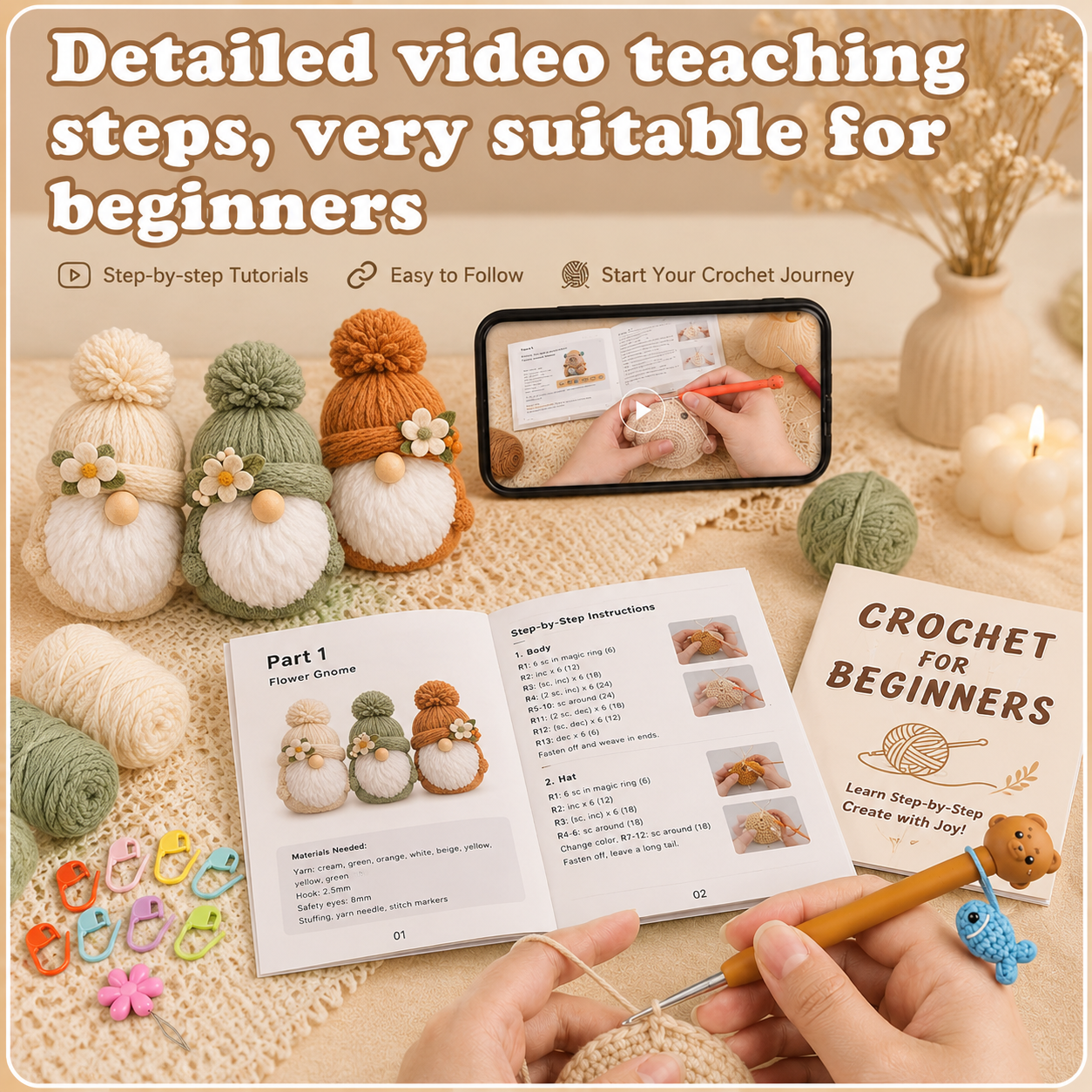 Spring Gnome Crochet Kit for Beginners, 3PCS Faceless Gnome Amigurumi DIY Crochet Kit with Yarn, Hooks & Step-by-Step Instructions, Complete Starter Craft Kit for Adults, Cute Handmade Decor Gift-Hookcrafted