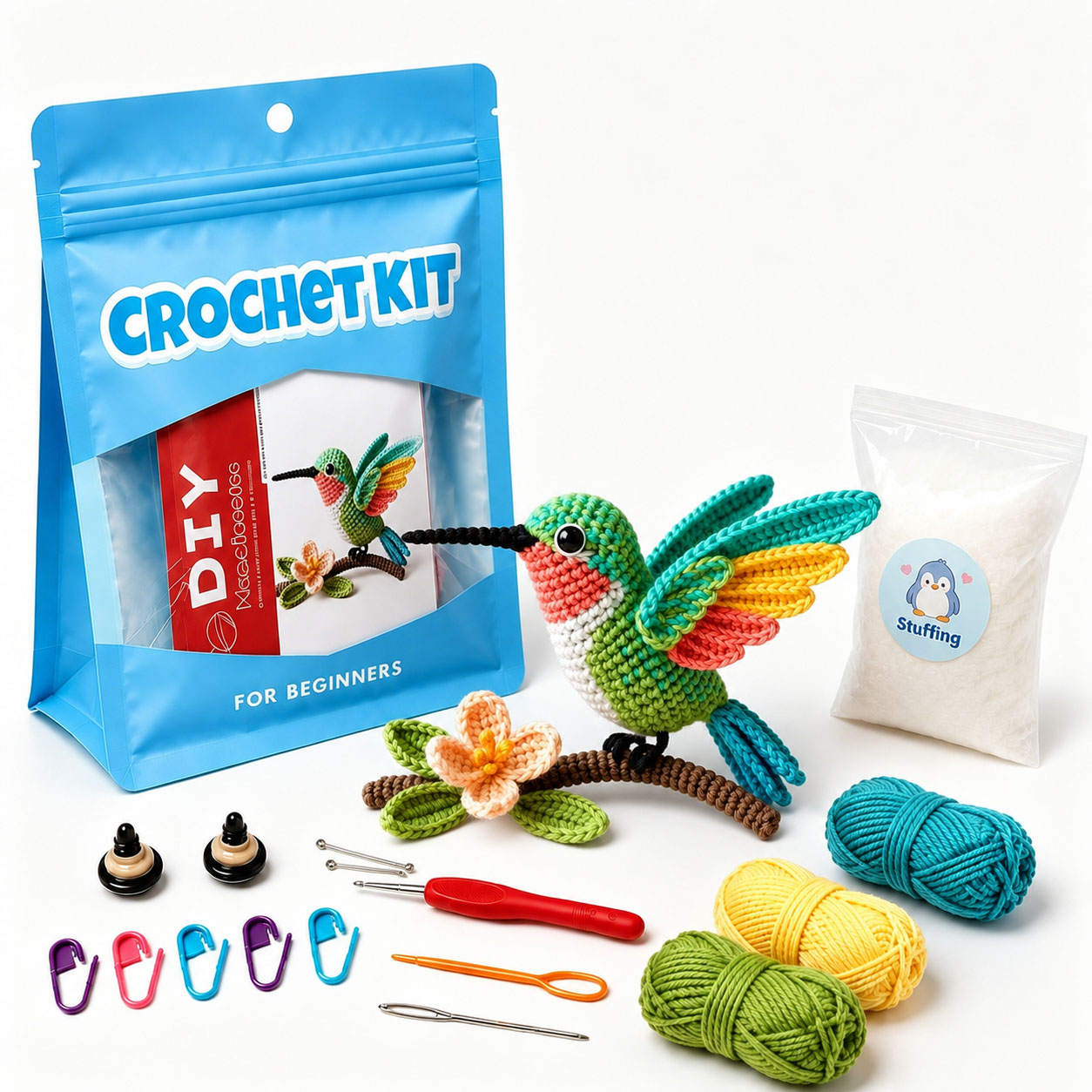 Crochet Kit for Beginners, DIY Hummingbird Amigurumi Crochet Kit with Step-by-Step Instructions, Complete Starter Kit with Yarn, Hooks & Accessories for Adults Kids, Handmade Craft Gift
