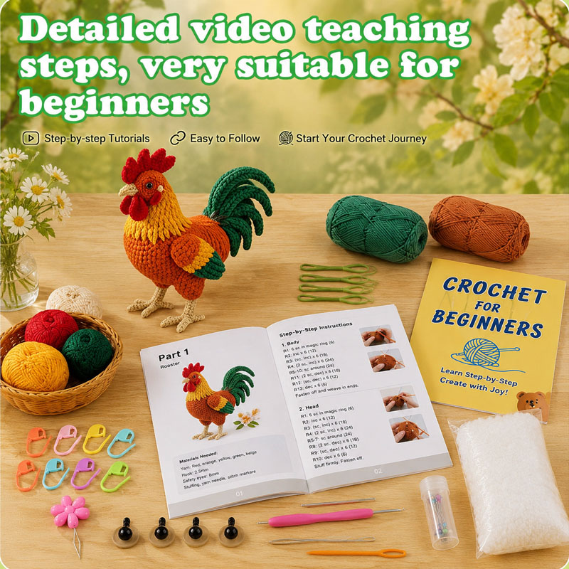 Crochet Kit for Beginners, DIY Rooster Amigurumi Crochet Kit with Step-by-Step Instructions, Complete Starter Kit with Yarn, Hooks & Accessories for Adults Kids, Handmade Craft Gift