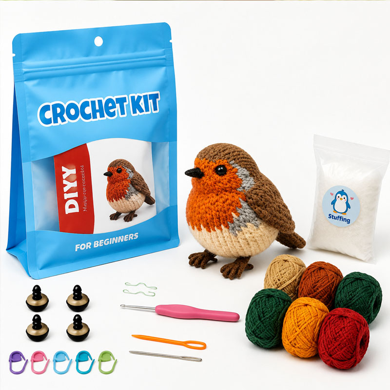 Crochet Kit for Beginners, DIY European Robin Amigurumi Crochet Kit with Step-by-Step Instructions, Complete Starter Kit with Yarn, Hooks & Accessories for Adults Kids, Handmade Craft Gift
