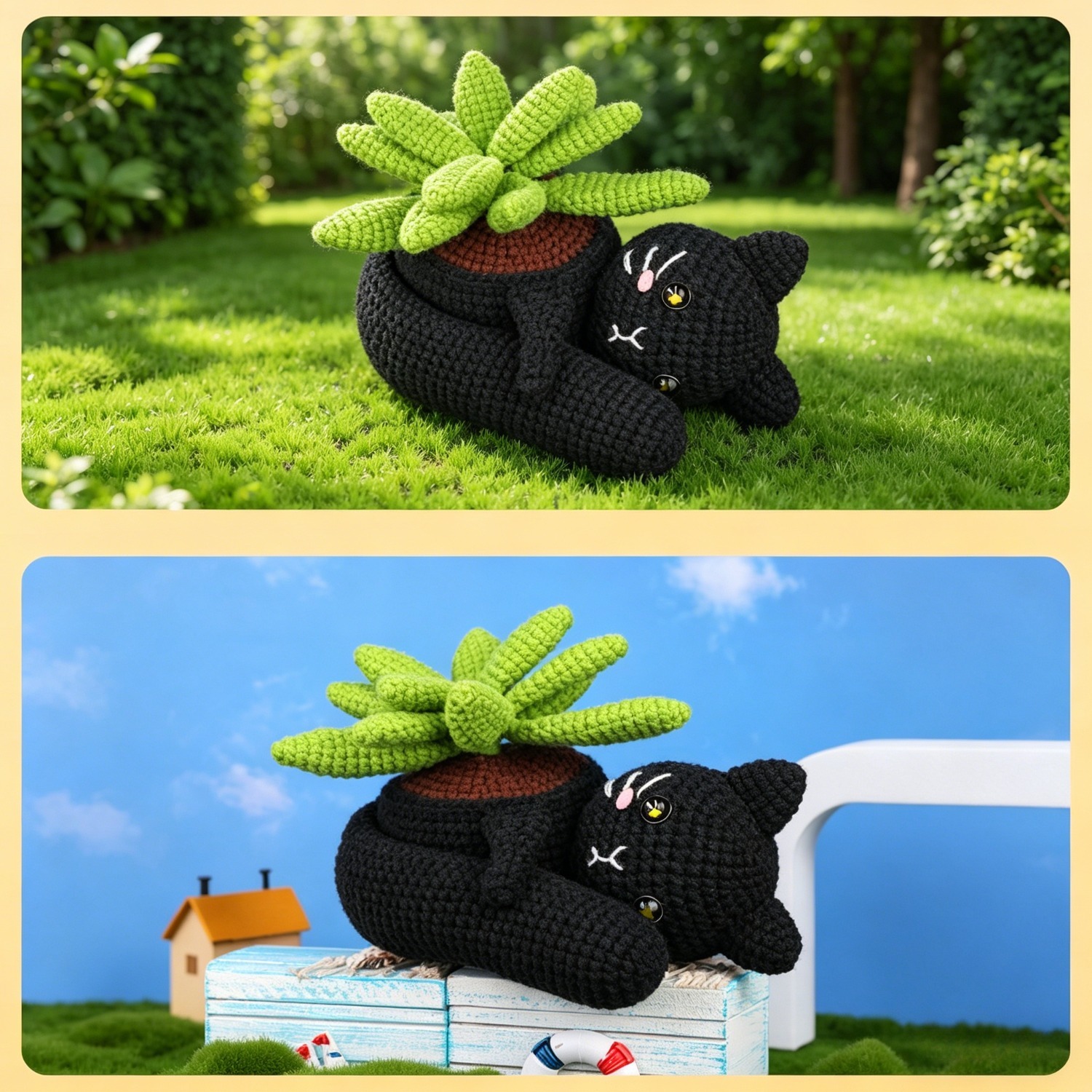 Black Cat Planter Crochet Kit for Beginners | DIY Amigurumi Cat-Shaped Succulent Pot Set with Yarn, Hook & Step-by-Step Tutorial | Cute Handmade Gift for Plant & Cat Lovers