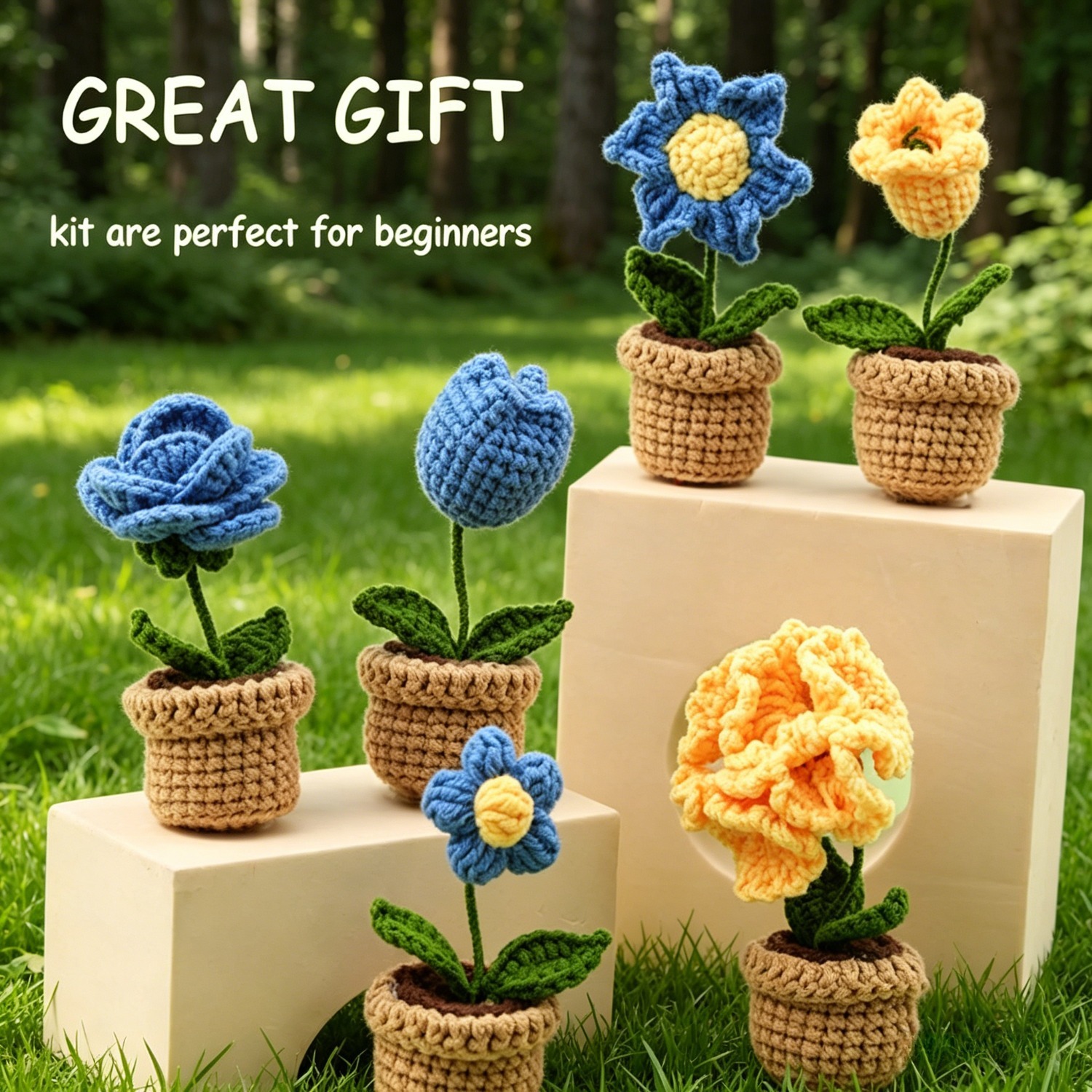 6pcs Mini Flower Pot Crochet Kit for Beginners | DIY Amigurumi Potted Plant Set with Yarn, Hook & Step-by-Step Tutorial | Cute Handmade Gift for Plant Lovers