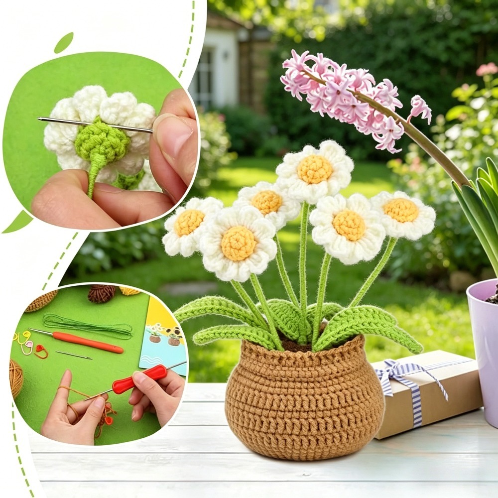 Daisy Flower Pot Crochet Kit for Beginners | DIY Amigurumi Potted Daisy Bouquet Set with Yarn, Hook & Step-by-Step Tutorial | Cute Handmade Gift for Plant Lovers