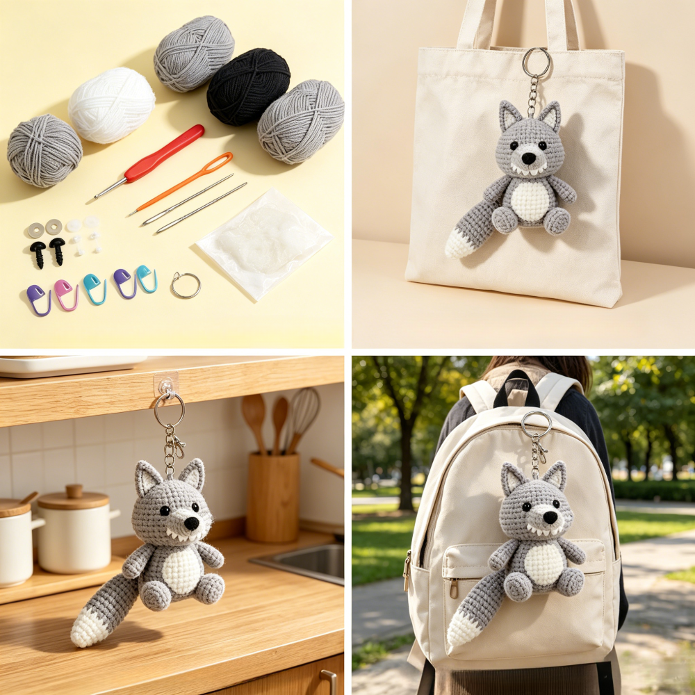 Beginner Friendly Wolf Keychain Crochet Kit, Cute Mini Wolf Amigurumi Crochet Starter Kit with Yarn, Hook, Needle & Accessories, Complete DIY Craft Set with Tutorial for Adults & Kids, Perfect Bag Charm & Handmade Gift