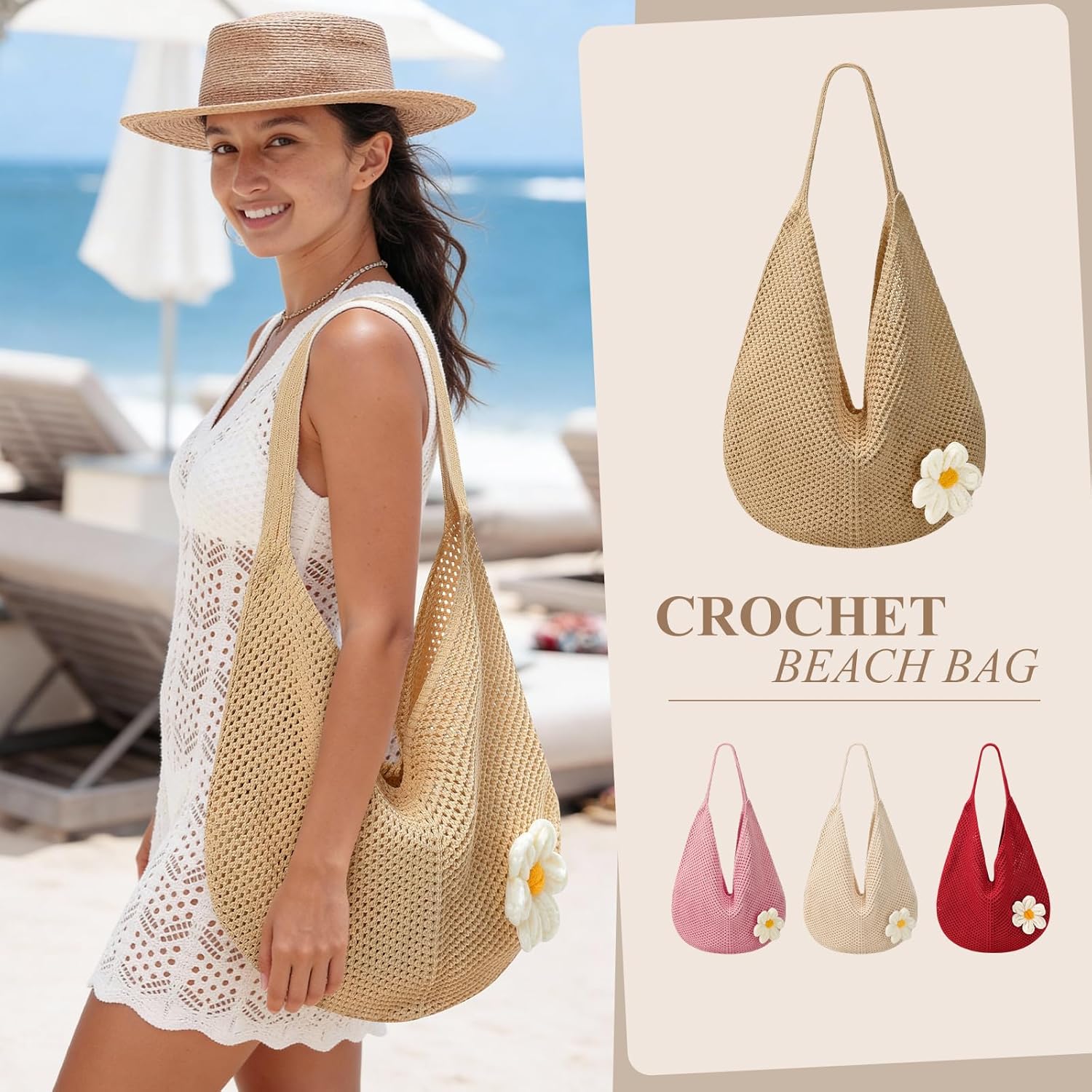 Crochet Beach Bags for Women, Summer Beach Tote Bag, Mesh Cute Beach Purse, Aesthetic Knit Bag Handbag Shoulder Bag
