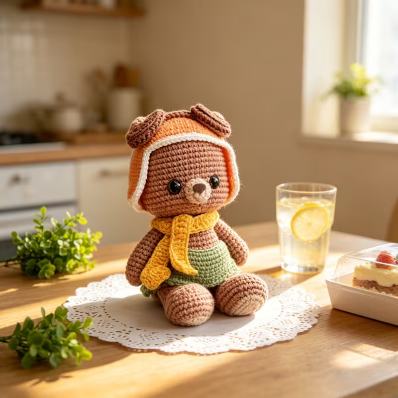 1pc Cute Bear with Hat & Scarf Crochet Kit for Beginners, Complete DIY Amigurumi Teddy Bear Plush Doll Craft Set with All Materials, Yarn, Tools & Step-by-Step Instructions, Handmade Knitted Bear in Green Skirt, Perfect Gift for Kids, Home Decor
