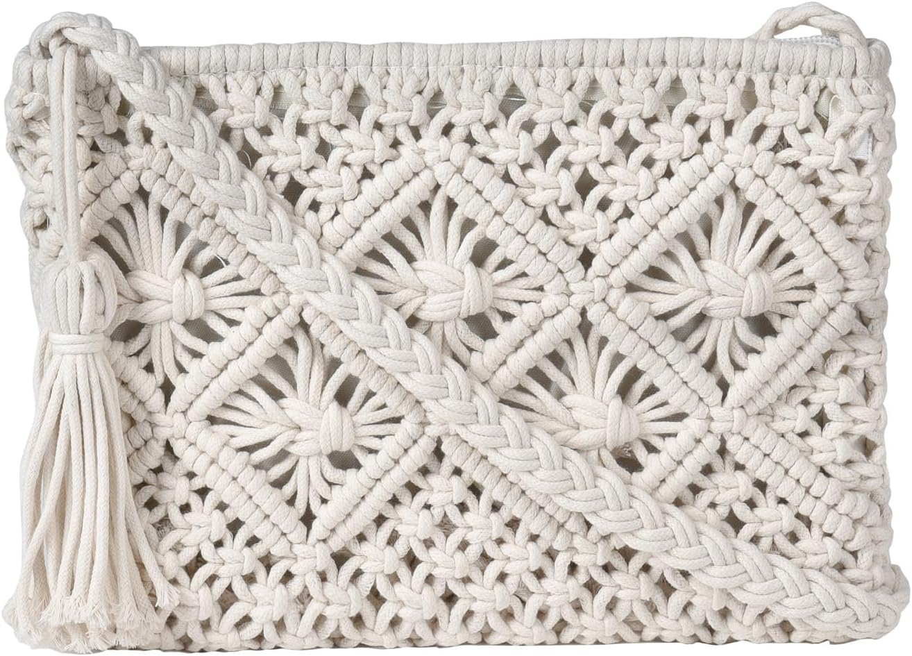 Handmade Crochet Purse Boho Cotton Rope Crossbody Shoulder Bag with Tassel Casual Bag for Women