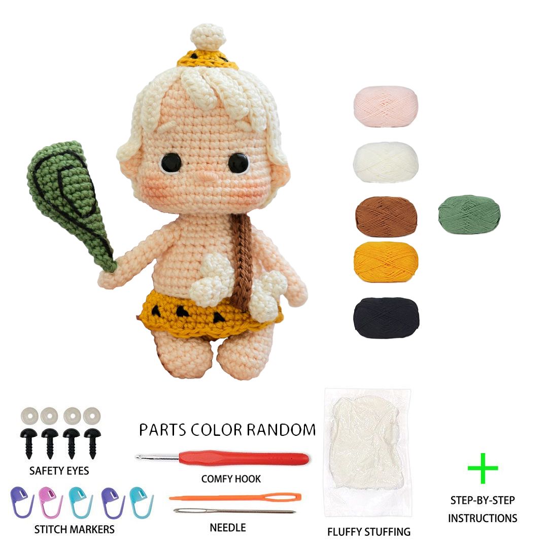 Cave Boy Crochet Kit for Beginners | DIY Amigurumi Prehistoric Doll Set with Yarn, Hook & Step-by-Step Tutorial | Cute Handmade Gift for Craft Lovers